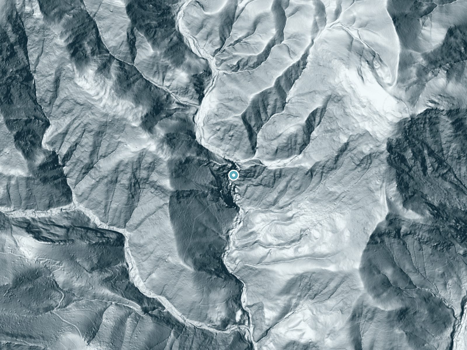 LiDAR bare-earth terrain around Tangerine Falls near Montecito, California, showing about 416 feet of drop, a single sheer drop, facing south