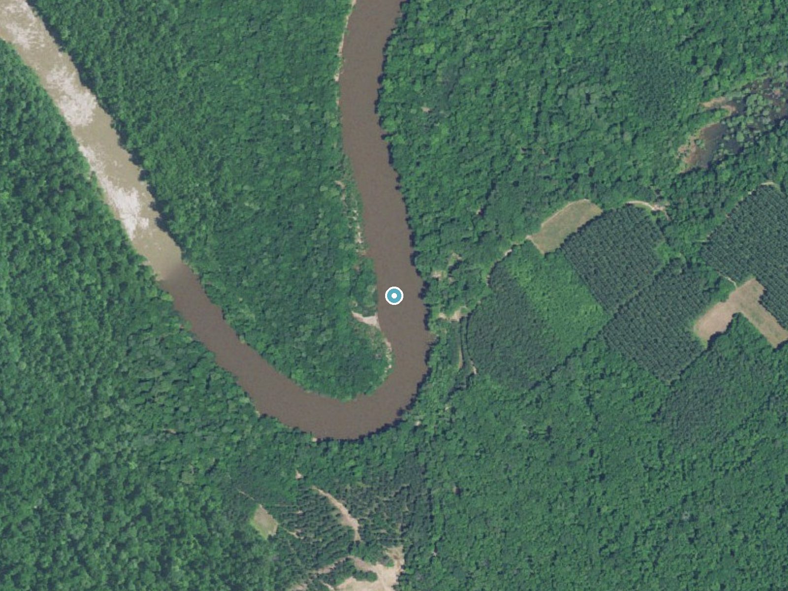 Aerial photo of the same ground around Cockers Falls near Society Hill, South Carolina, for comparison with the lidar view