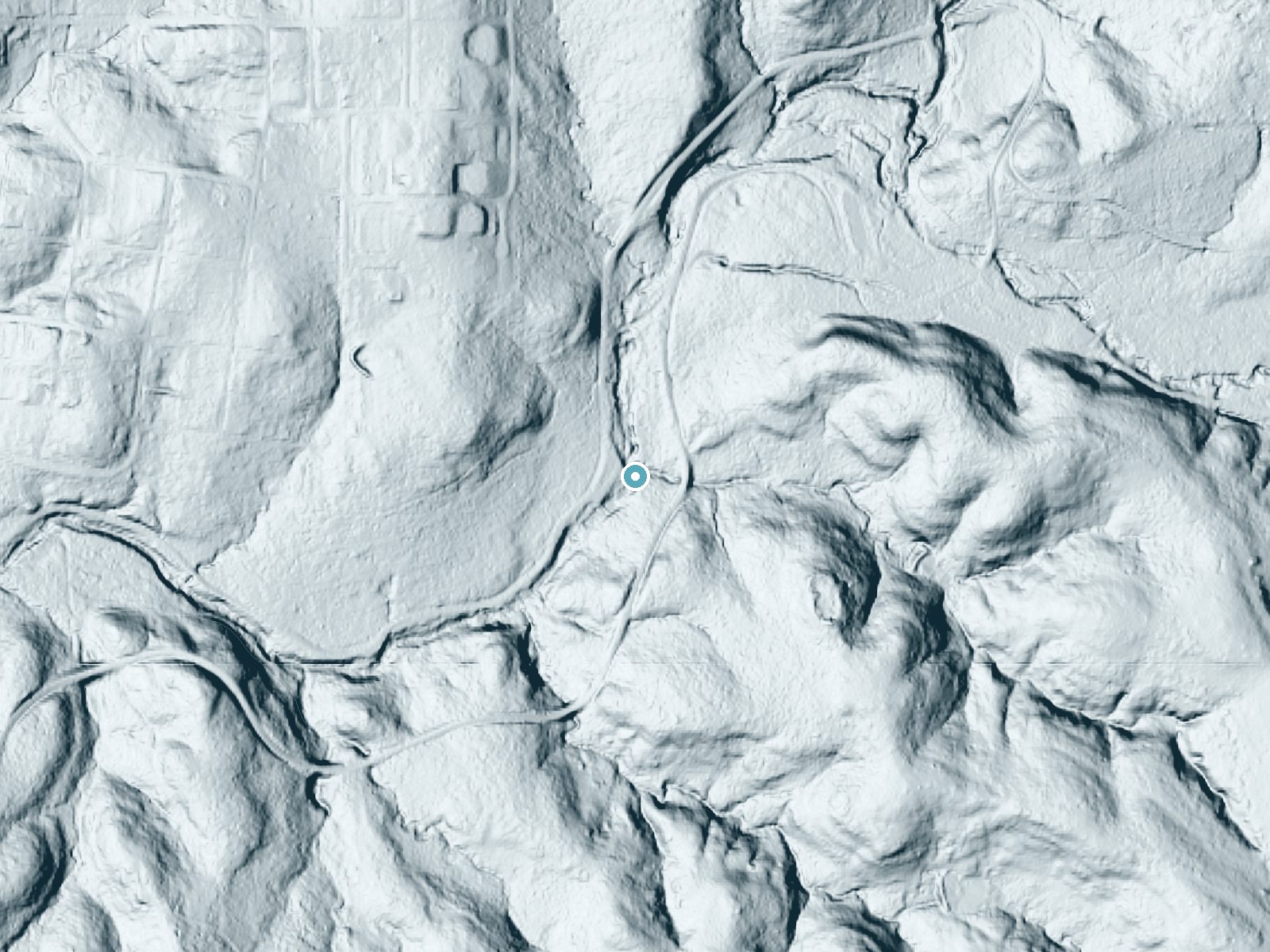 LiDAR bare-earth terrain around Garfield Falls near Sulphur, Oklahoma, showing about 32 feet of drop, a long cascade, facing northwest