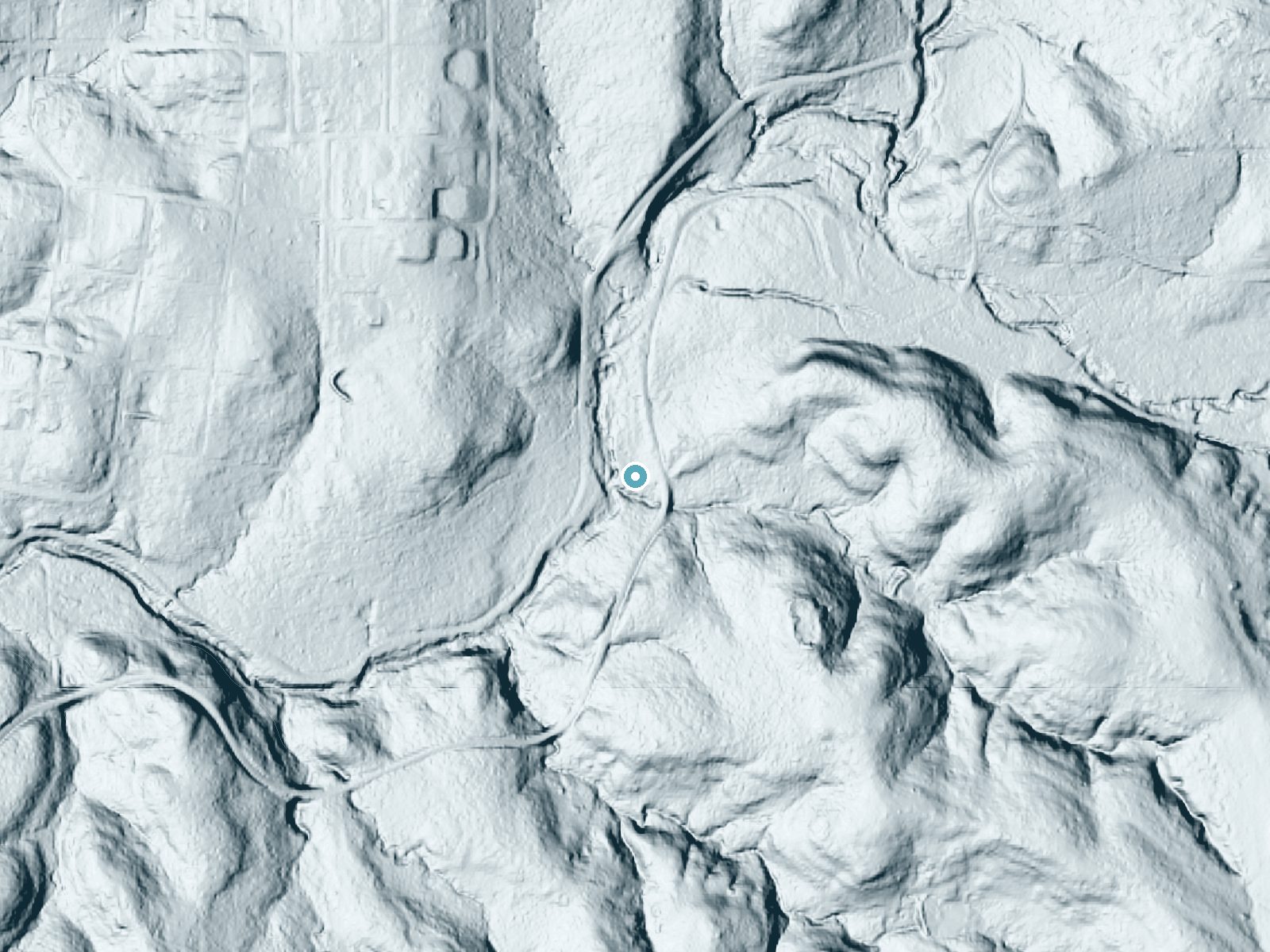 LiDAR bare-earth terrain around Lost Falls near Sulphur, Oklahoma, showing about 29 feet of drop, a long cascade, facing west