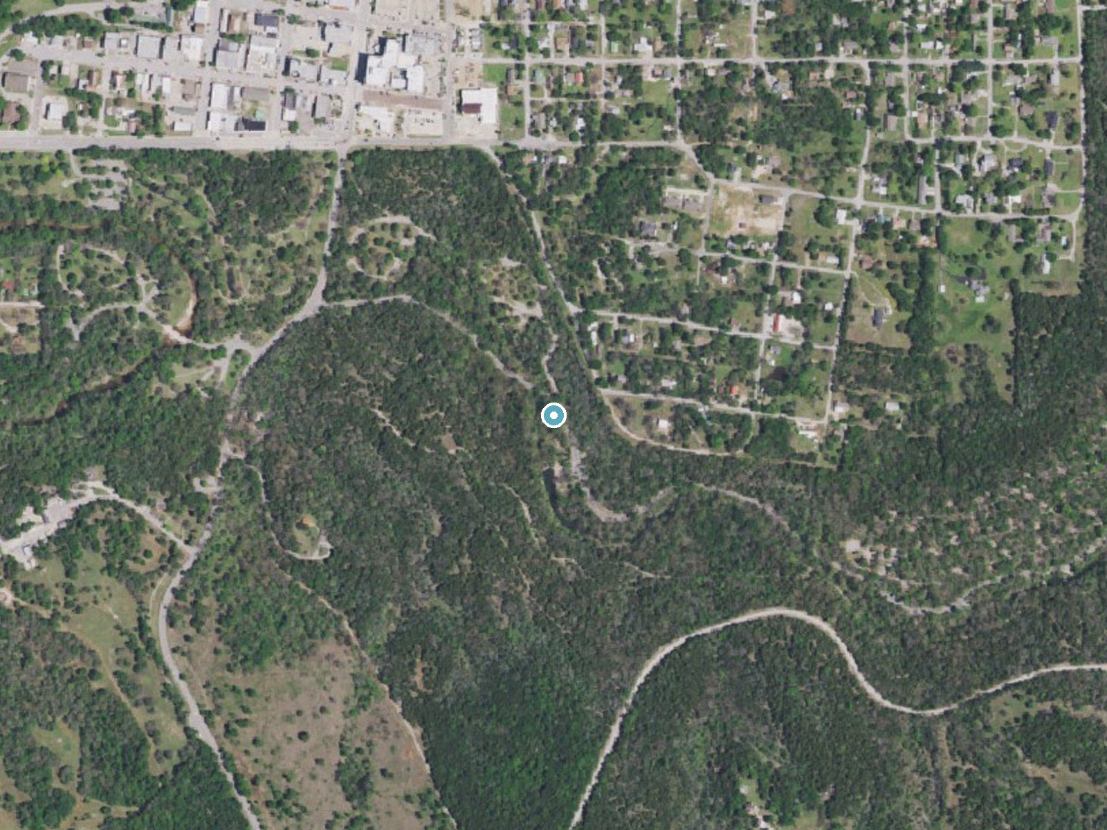 Aerial photo of the same ground around Panther Falls near Sulphur, Oklahoma, for comparison with the lidar view