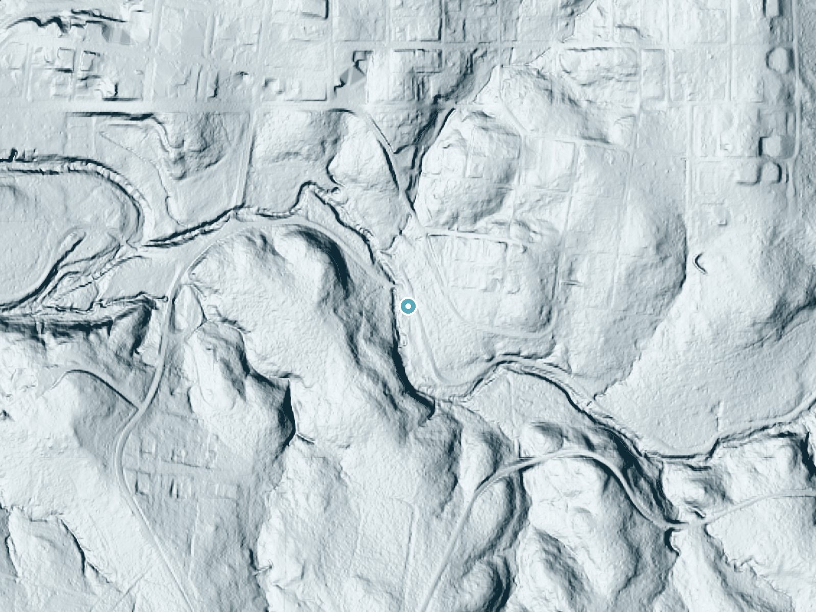 LiDAR bare-earth terrain around Panther Falls near Sulphur, Oklahoma, showing about 24 feet of drop, a long cascade, facing west