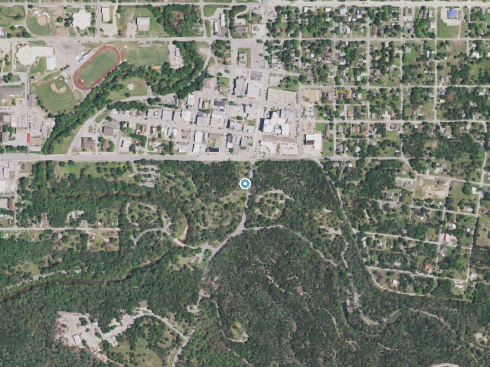 Aerial photo of the same ground around Travertine Falls near Sulphur, Oklahoma, for comparison with the lidar view