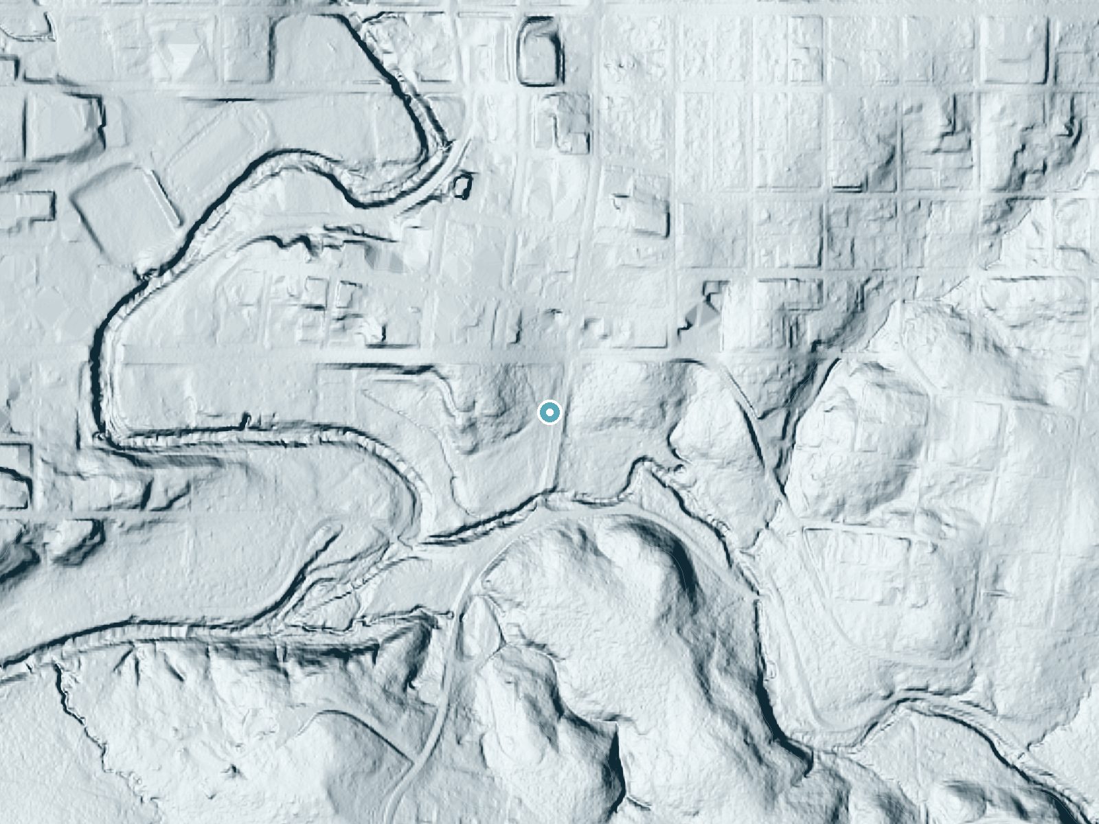 LiDAR bare-earth terrain around Travertine Falls near Sulphur, Oklahoma, showing about 30 feet of drop, a long cascade, facing south