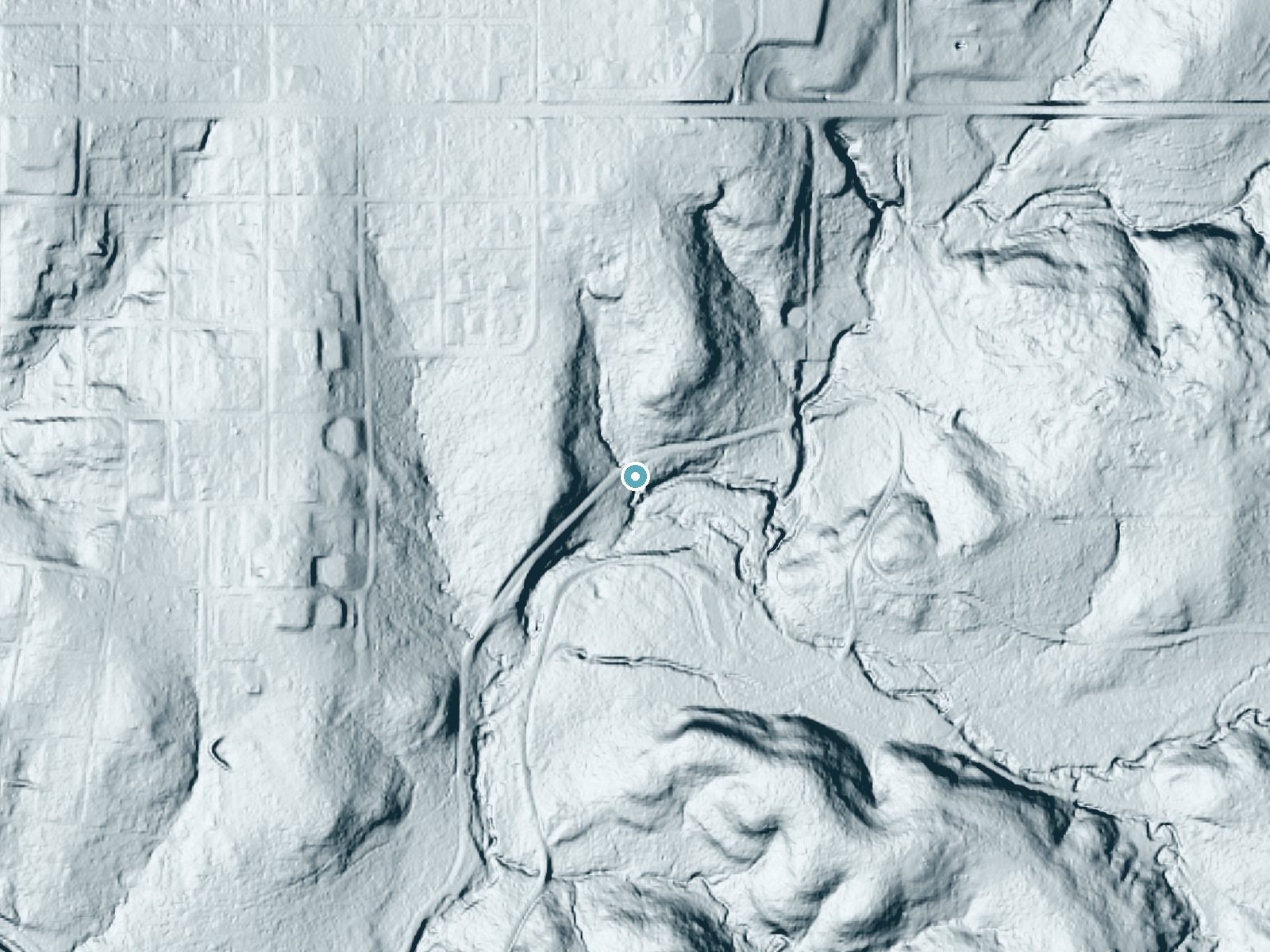 LiDAR bare-earth terrain around Cave Island Falls near Sulphur, Oklahoma, showing about 42 feet of drop, a long cascade, facing southeast