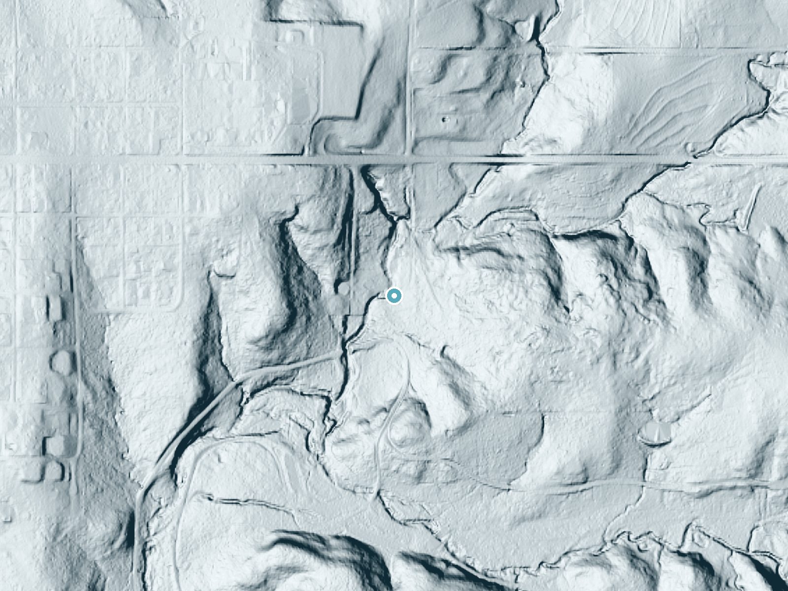LiDAR bare-earth terrain around Little Niagara Falls near Sulphur, Oklahoma, showing about 25 feet of drop, a long cascade, facing west
