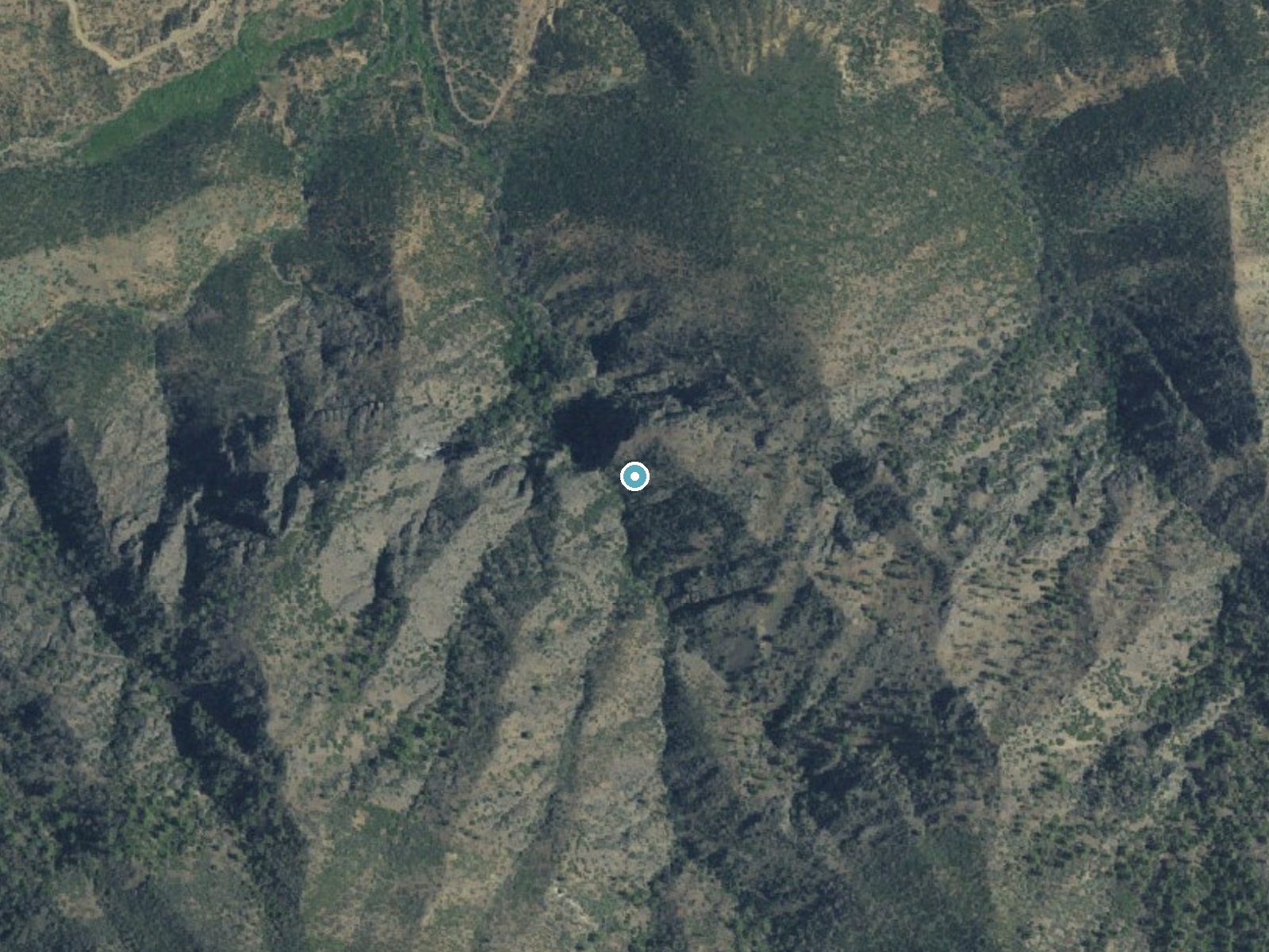 Aerial photo of the same ground around Rose Valley Falls near Ojai, California, for comparison with the lidar view