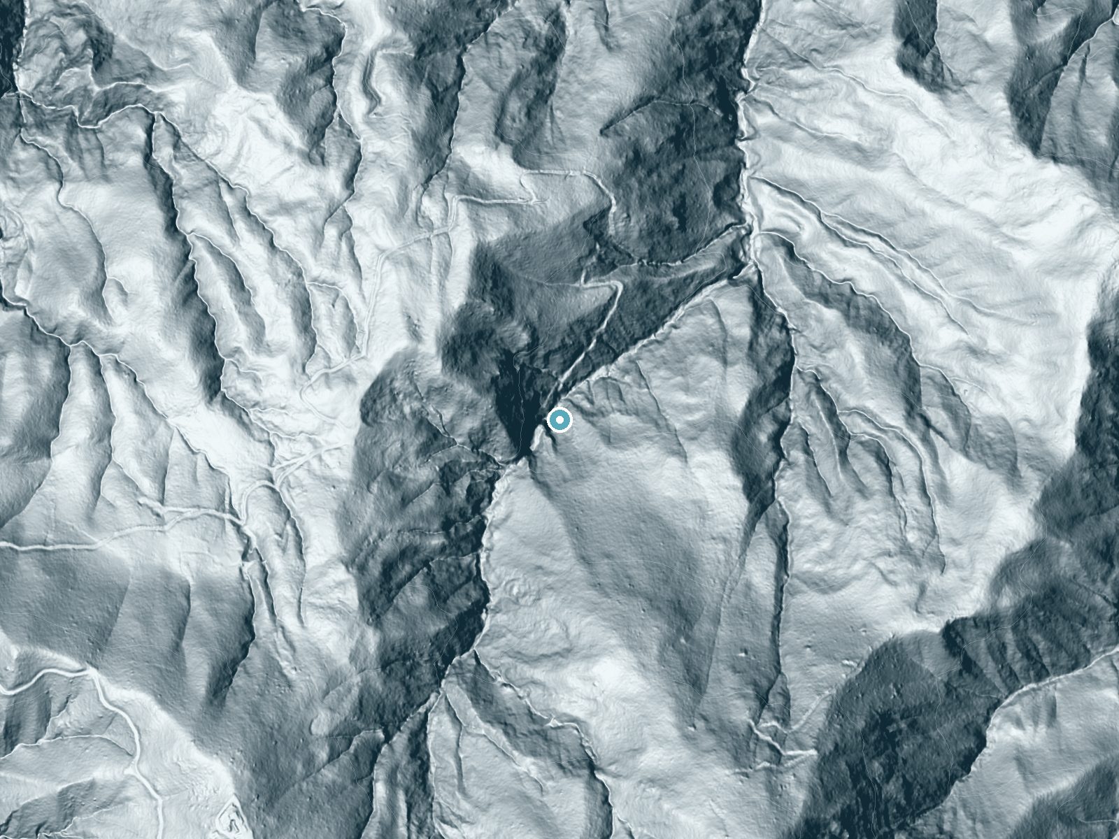 LiDAR bare-earth terrain around Wellhouse Falls near Eastern Goleta Valley, California, showing about 334 feet of drop, a steep tiered drop, facing northeast