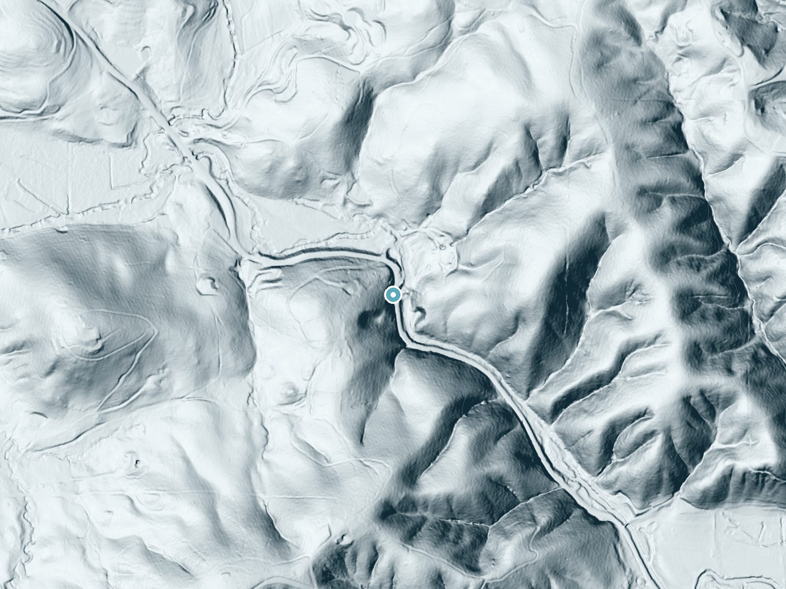LiDAR bare-earth terrain around Clay Creek Falls near Dahlonega, Georgia, showing about 127 feet of drop, a steep tiered drop, facing east