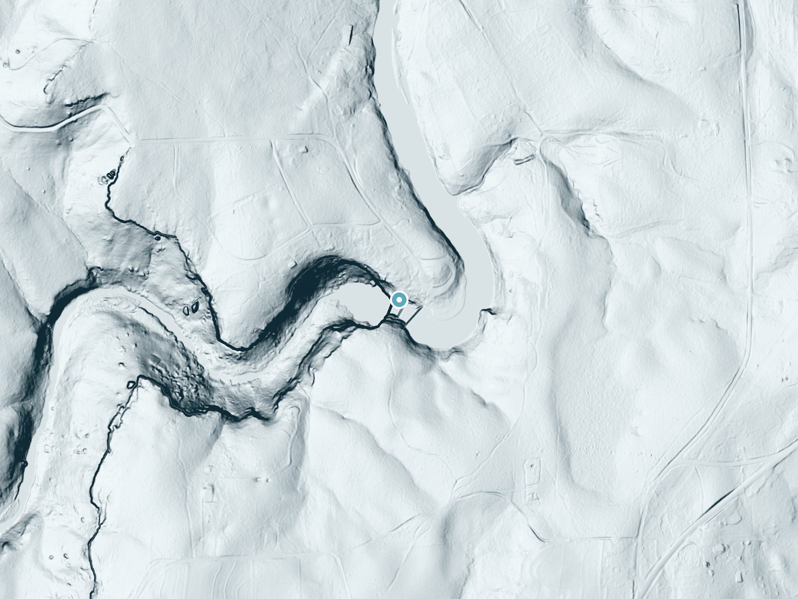 LiDAR bare-earth terrain around De Soto Falls near Mentone, Alabama, showing about 149 feet of drop, a single sheer drop, facing west