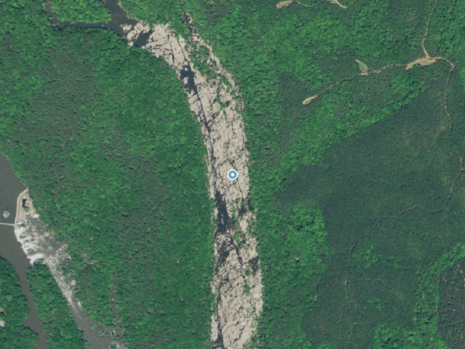 Aerial photo of the same ground around Great Falls of Catawba near Great Falls, South Carolina, for comparison with the lidar view