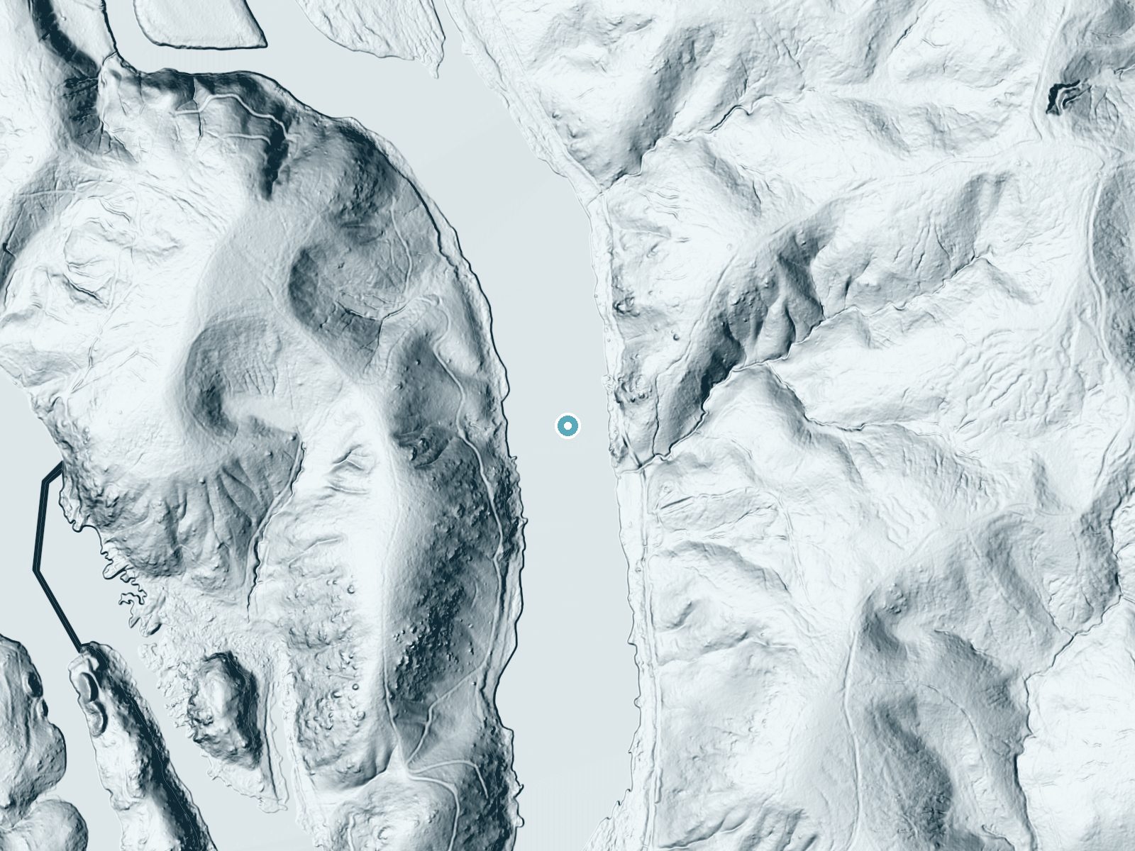LiDAR bare-earth terrain around Great Falls of Catawba near Great Falls, South Carolina, showing about 20 feet of drop