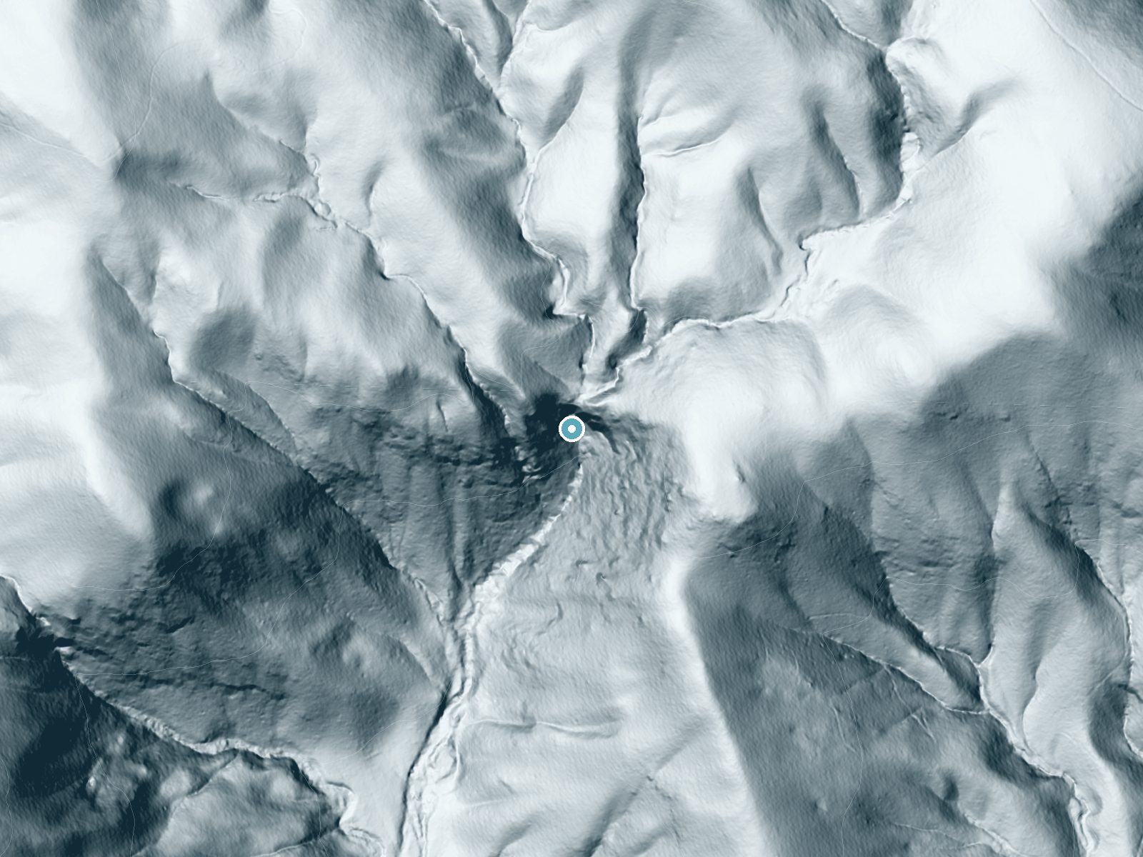 LiDAR bare-earth terrain around Cochrans Falls near Dawsonville, Georgia, showing about 361 feet of drop, a steep tiered drop, facing south