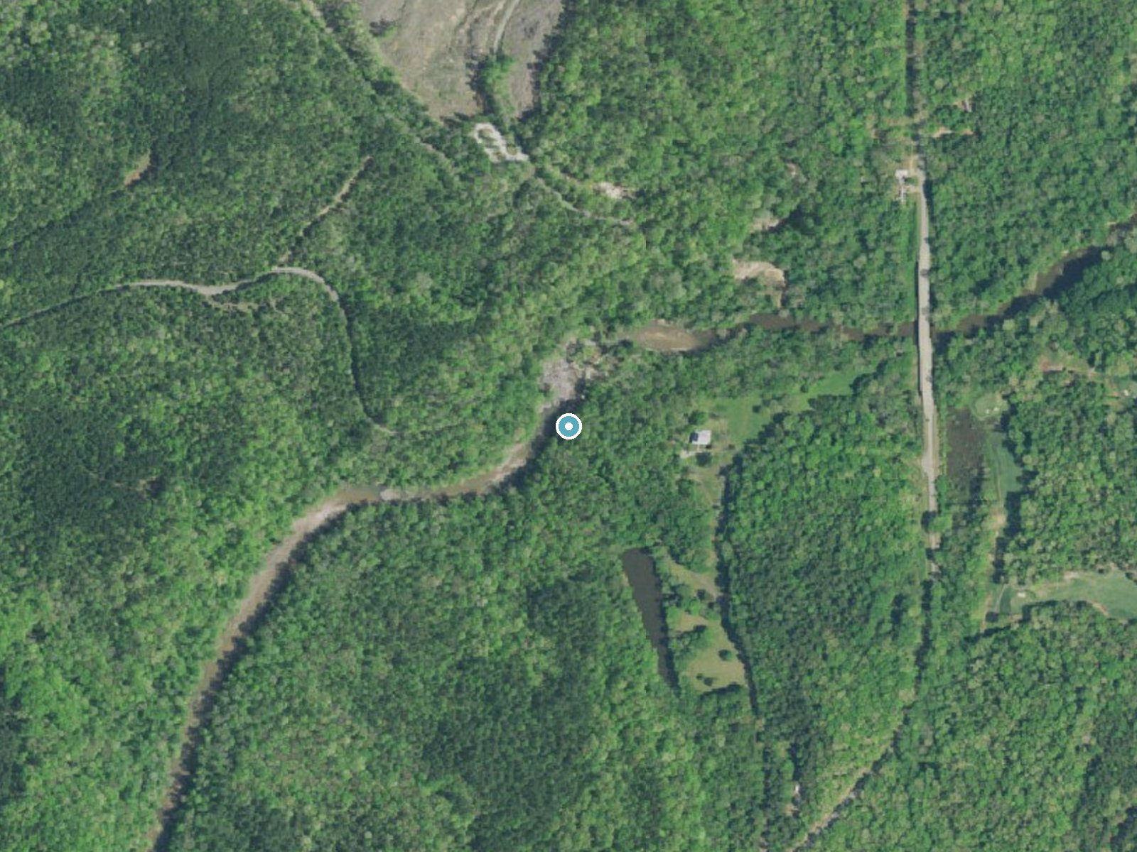 Aerial photo of the same ground around Gordons Mill Falls near Cross Anchor, South Carolina, for comparison with the lidar view