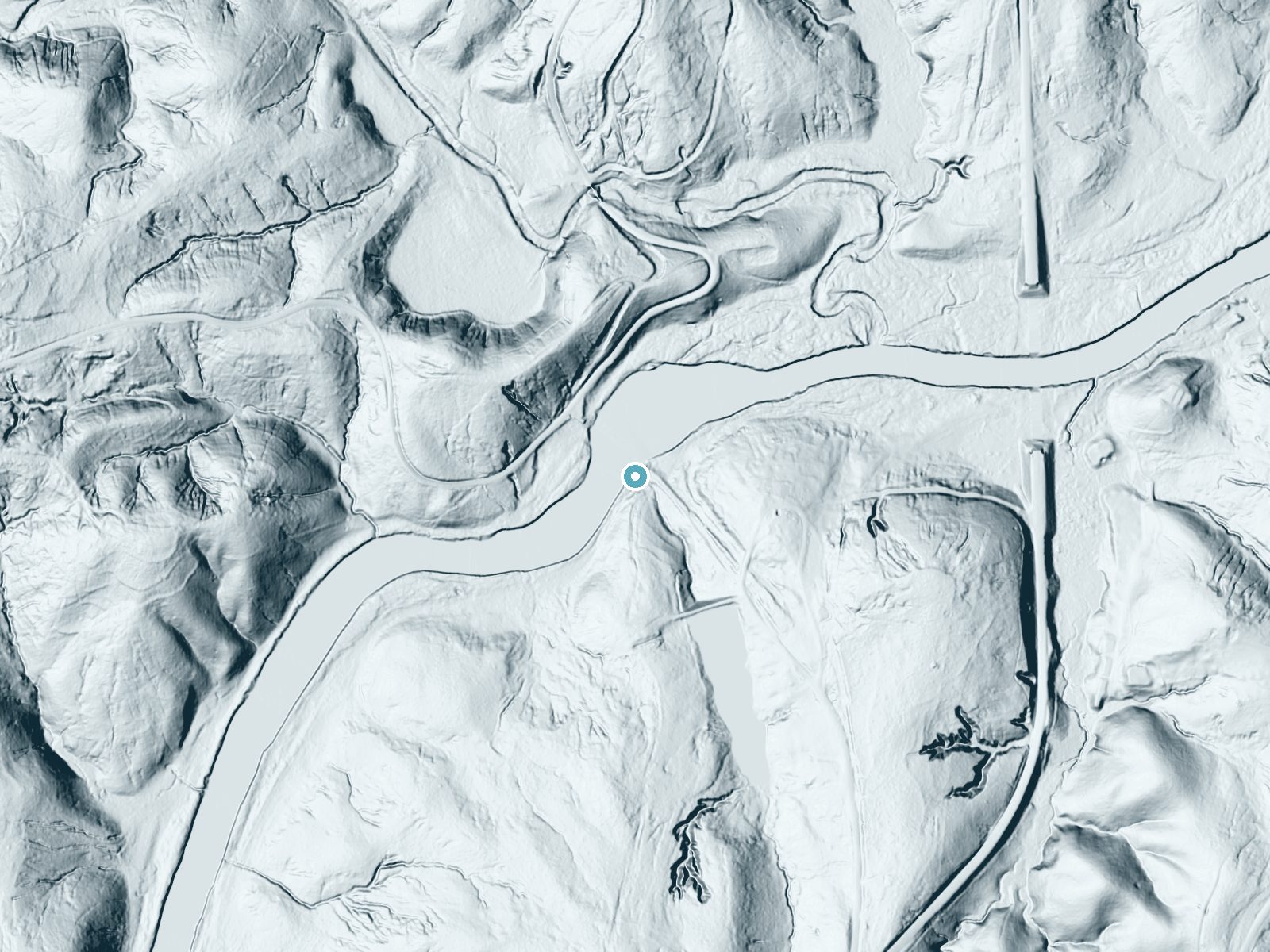 LiDAR bare-earth terrain around Gordons Mill Falls near Cross Anchor, South Carolina, showing about 31 feet of drop, a long cascade, facing northwest