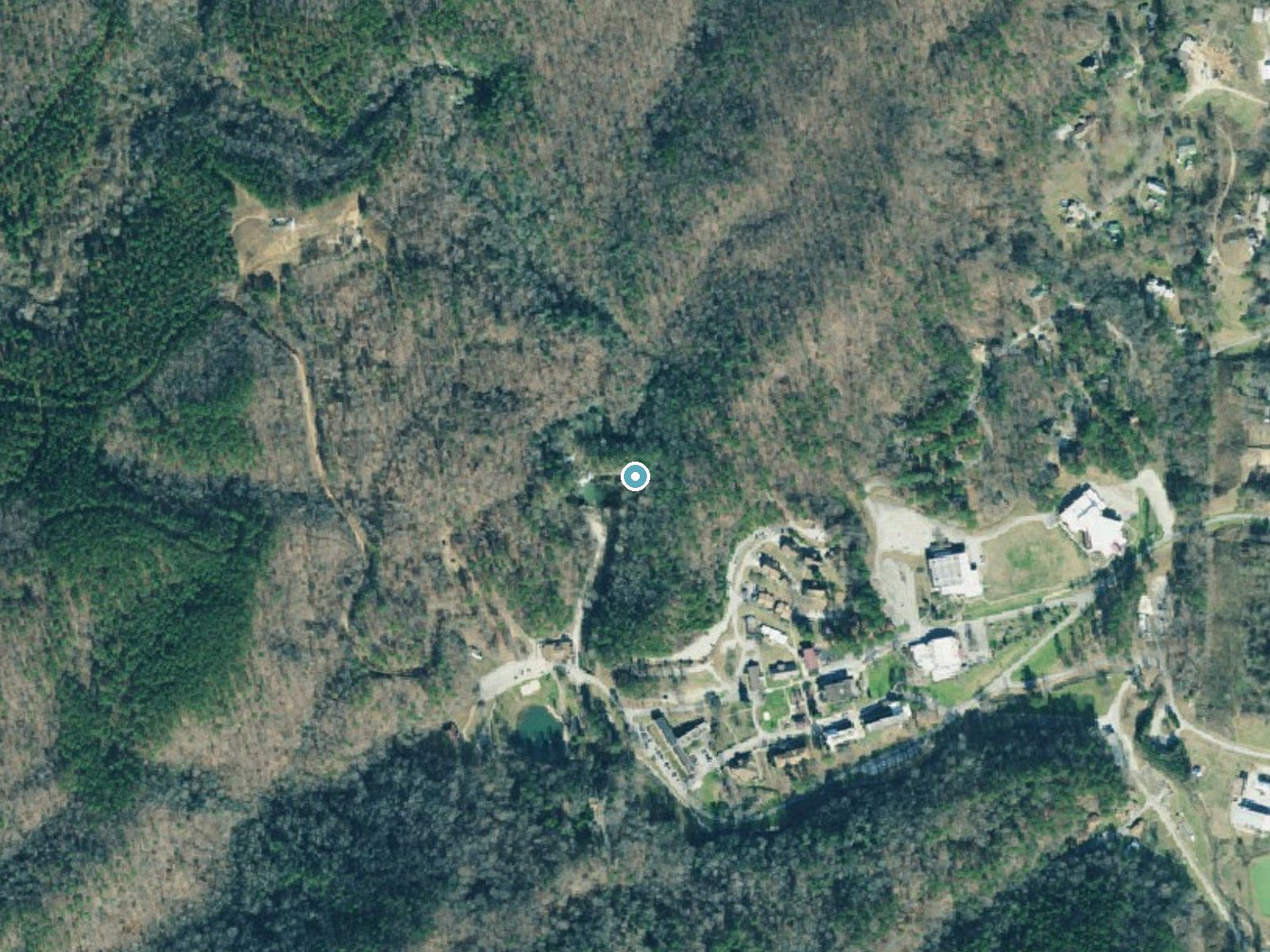 Aerial photo of the same ground around Toccoa Falls near Toccoa, Georgia, for comparison with the lidar view