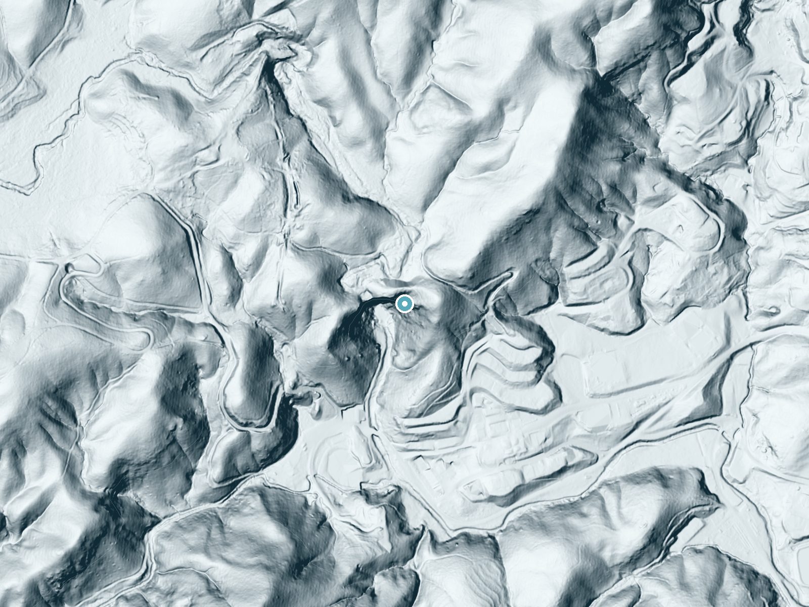 LiDAR bare-earth terrain around Toccoa Falls near Toccoa, Georgia, showing about 257 feet of drop, a single sheer drop, facing southwest