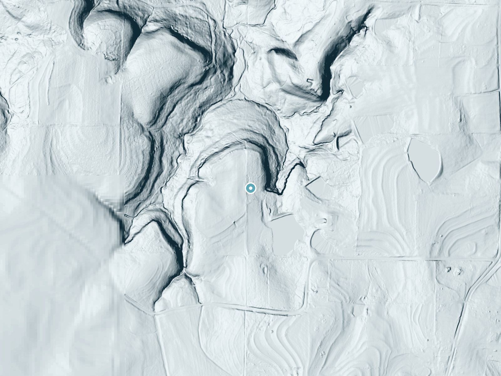 LiDAR bare-earth terrain around The Fall Off near Hatton, Alabama, showing about 63 feet of drop, a long cascade, facing east