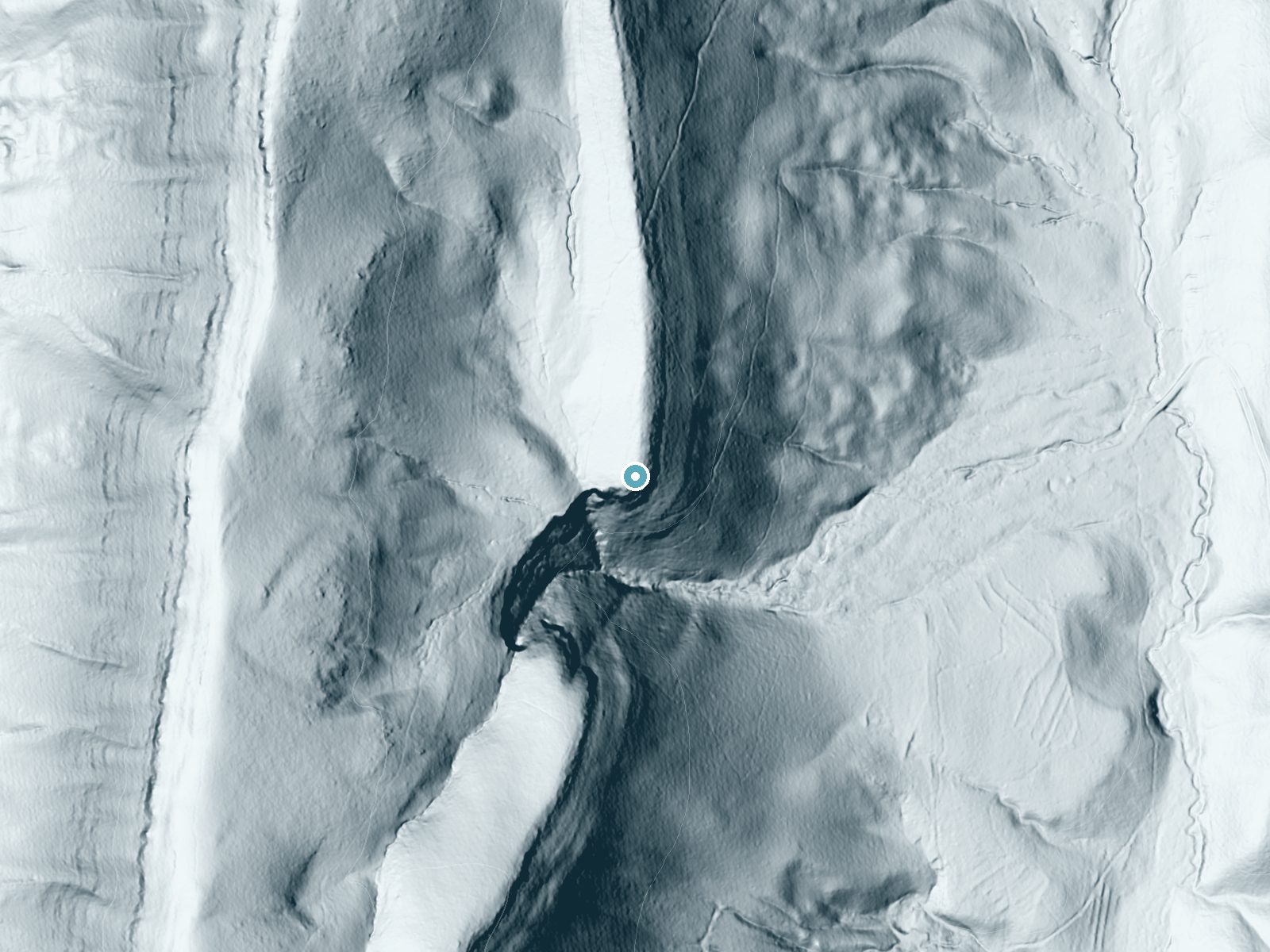 LiDAR bare-earth terrain around Keown Falls near Resaca, Georgia, showing about 184 feet of drop, a steep tiered drop, facing south