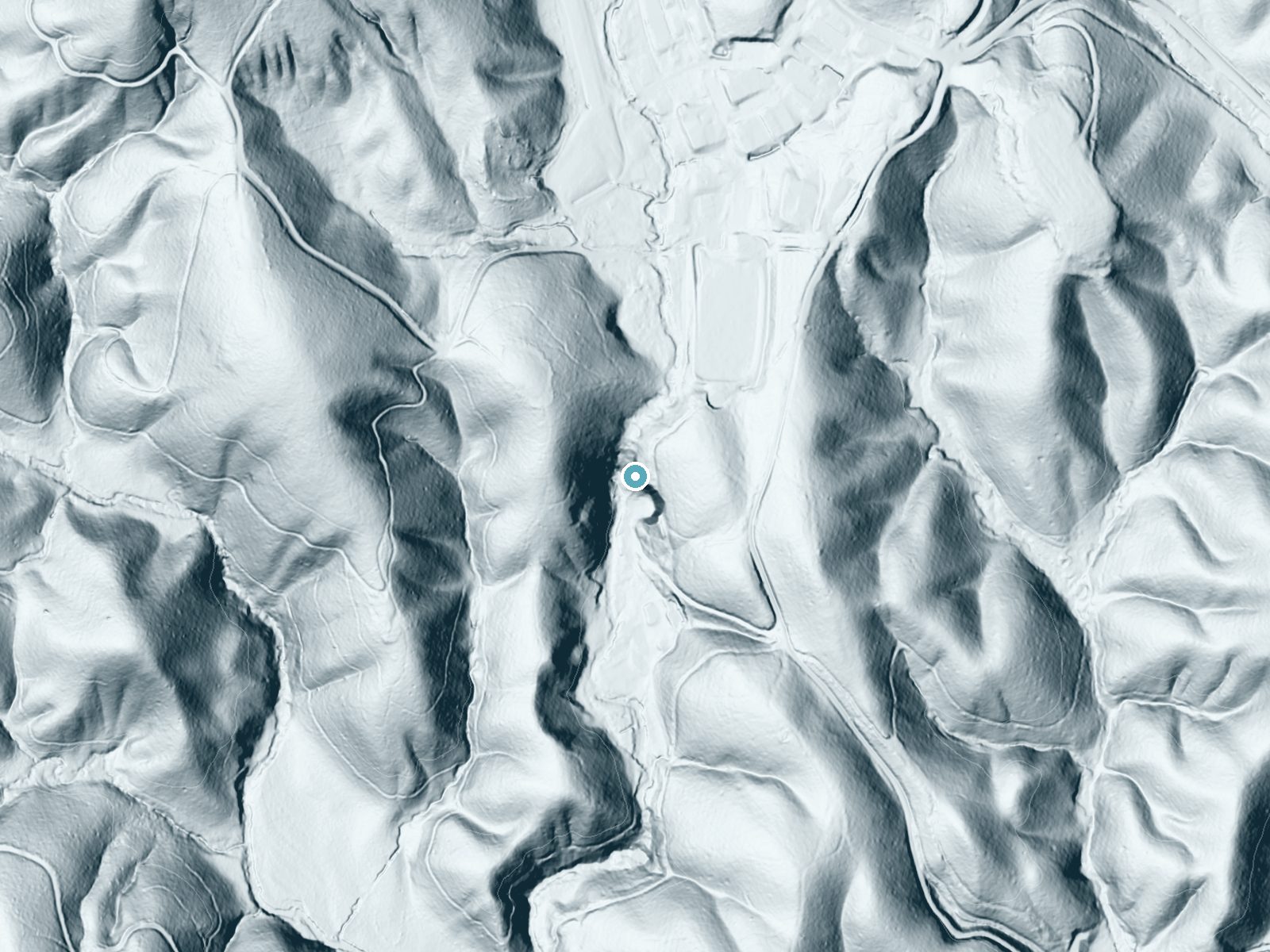 LiDAR bare-earth terrain around Black Falls near Dahlonega, Georgia, showing about 143 feet of drop, a steep tiered drop, facing southwest
