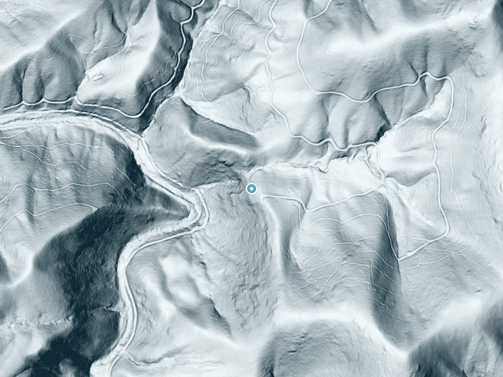 LiDAR bare-earth terrain around Noontootla Falls near Morganton, Georgia, showing about 284 feet of drop, a steep tiered drop, facing west