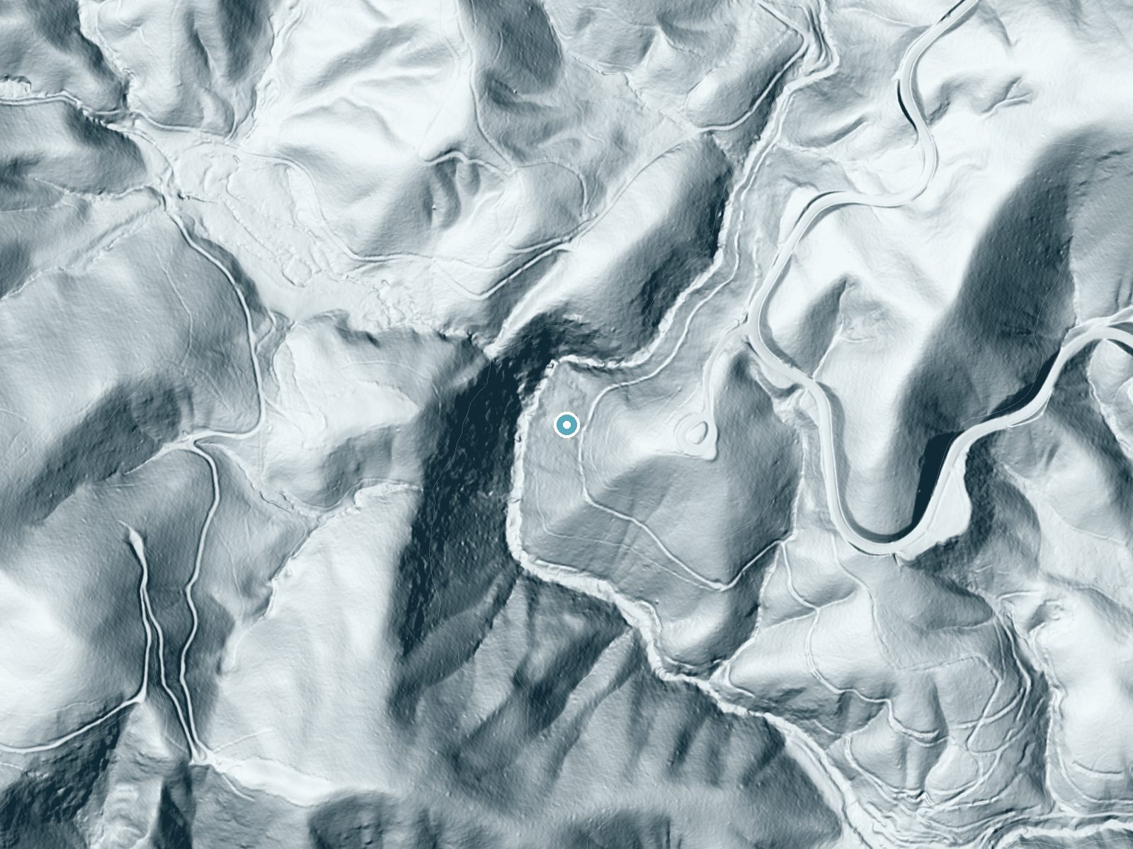 LiDAR bare-earth terrain around Dukes Creek Falls near Helen, Georgia, showing about 307 feet of drop, a steep tiered drop, facing west
