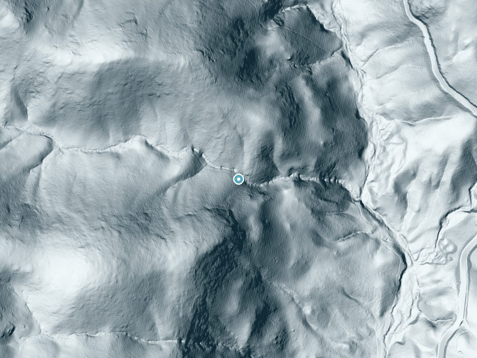 LiDAR bare-earth terrain around DeSoto Falls near Helen, Georgia, showing about 207 feet of drop, a steep tiered drop, facing east