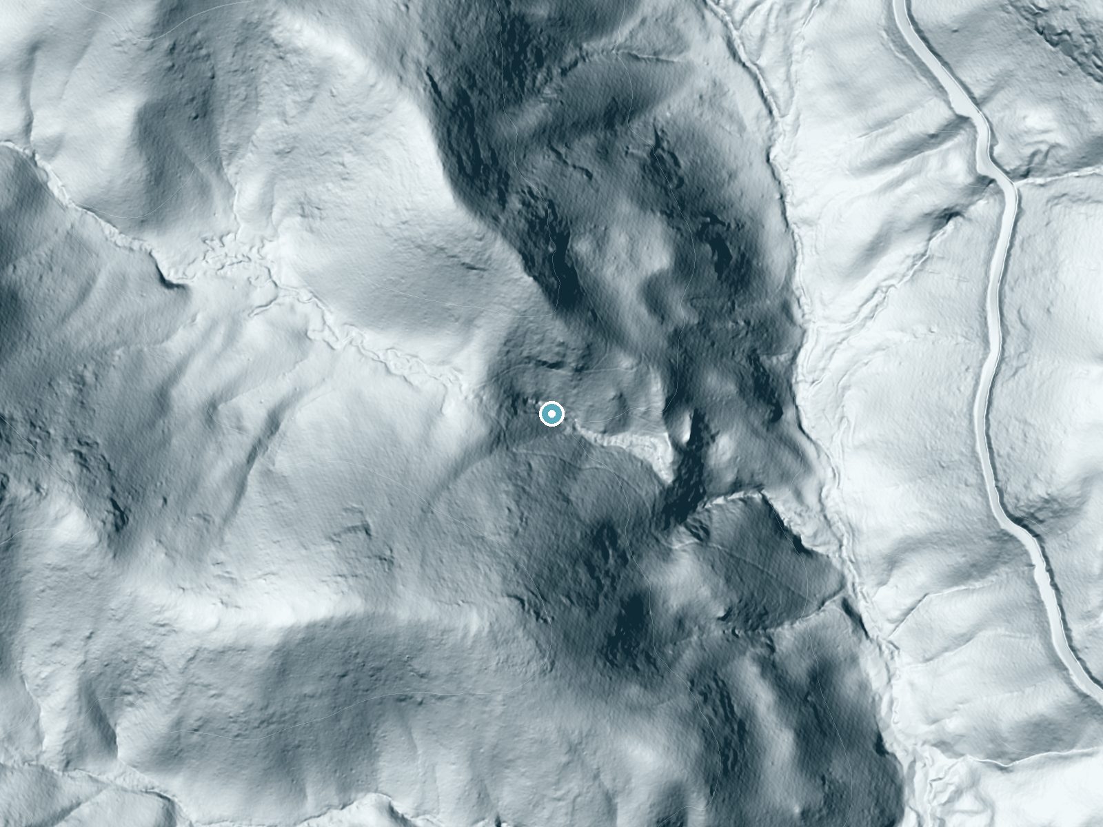 LiDAR bare-earth terrain around High Water Falls near Blairsville, Georgia, showing about 222 feet of drop, a steep tiered drop, facing southeast