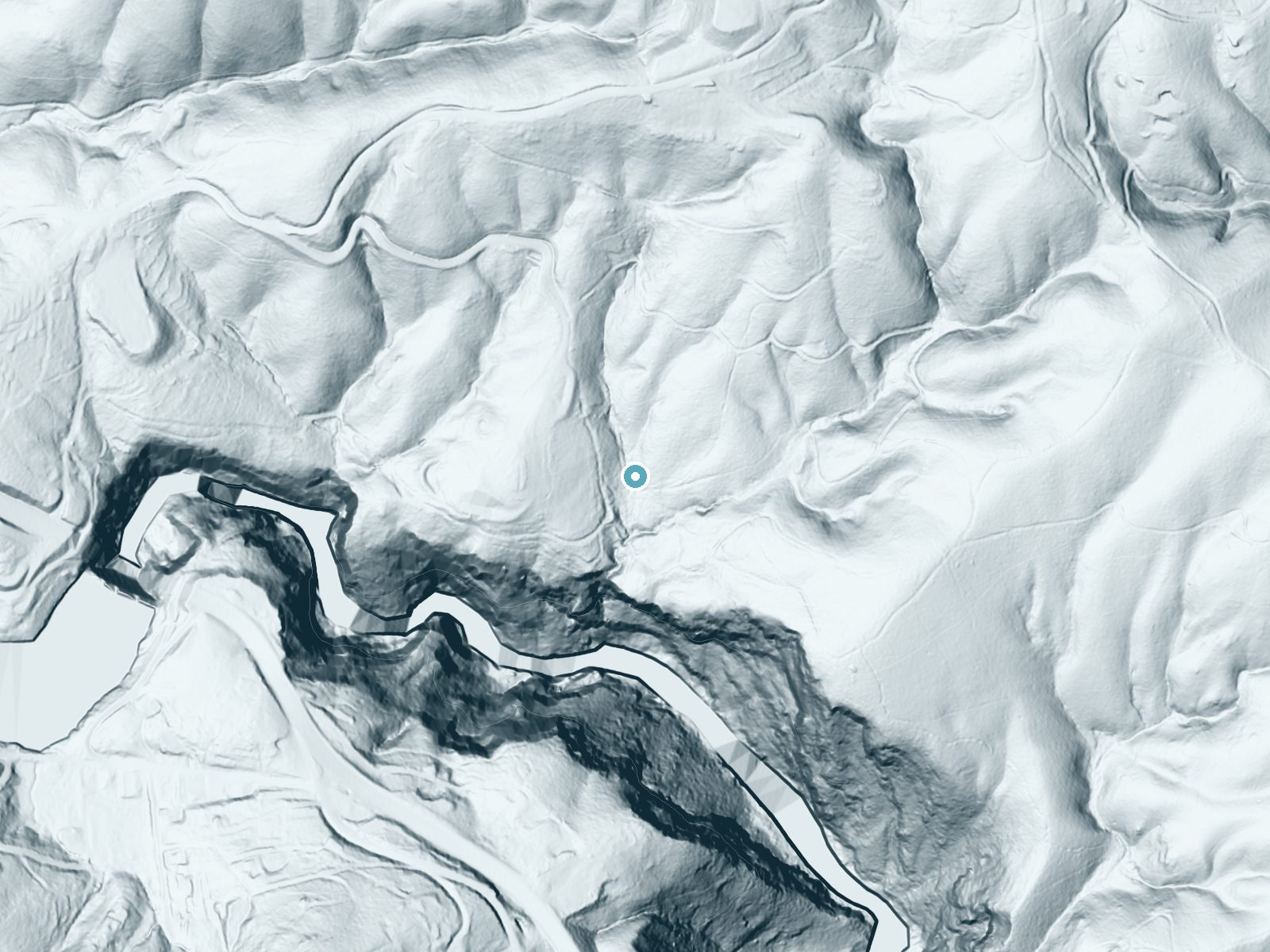 LiDAR bare-earth terrain around Cascade Falls near Tallulah Falls, Georgia, showing about 79 feet of drop, a long cascade, facing south