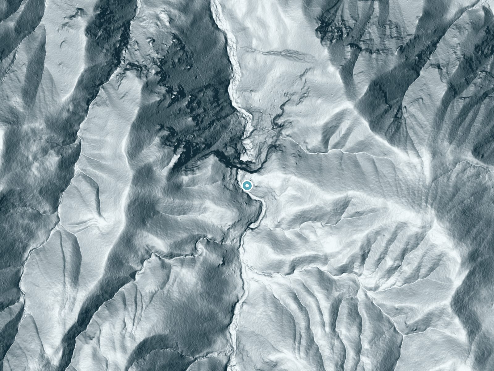 LiDAR bare-earth terrain around Sisquoc Falls near New Cuyama, California, showing about 432 feet of drop, a single sheer drop, facing north