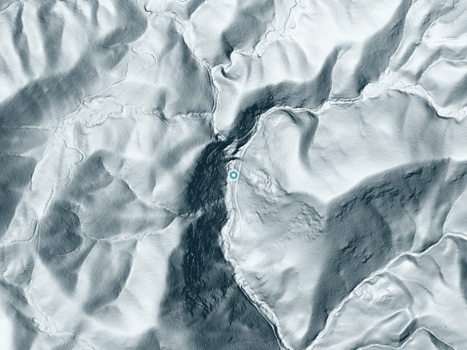 LiDAR bare-earth terrain around Anna Ruby Falls near Helen, Georgia, showing about 208 feet of drop, a steep tiered drop, facing southwest