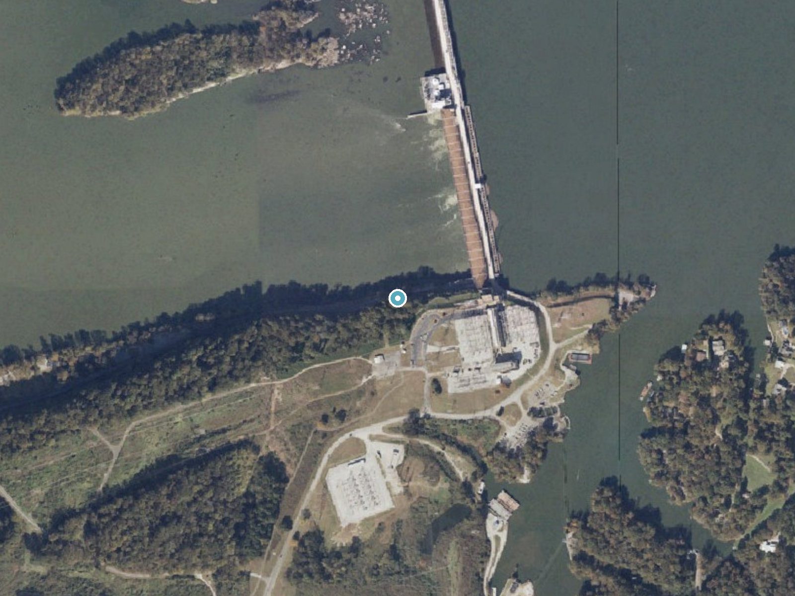 Aerial photo of the same ground around Georgia Falls near Muscle Shoals, Alabama, for comparison with the lidar view