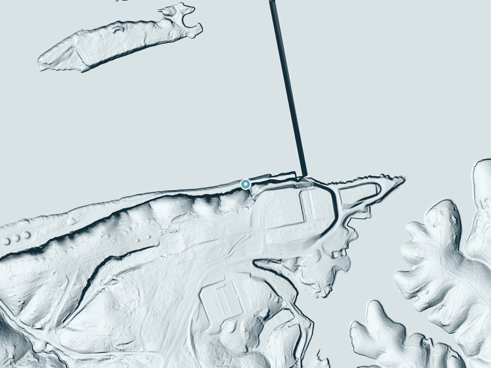 LiDAR bare-earth terrain around Georgia Falls near Muscle Shoals, Alabama, showing about 140 feet of drop, a steep tiered drop, facing north