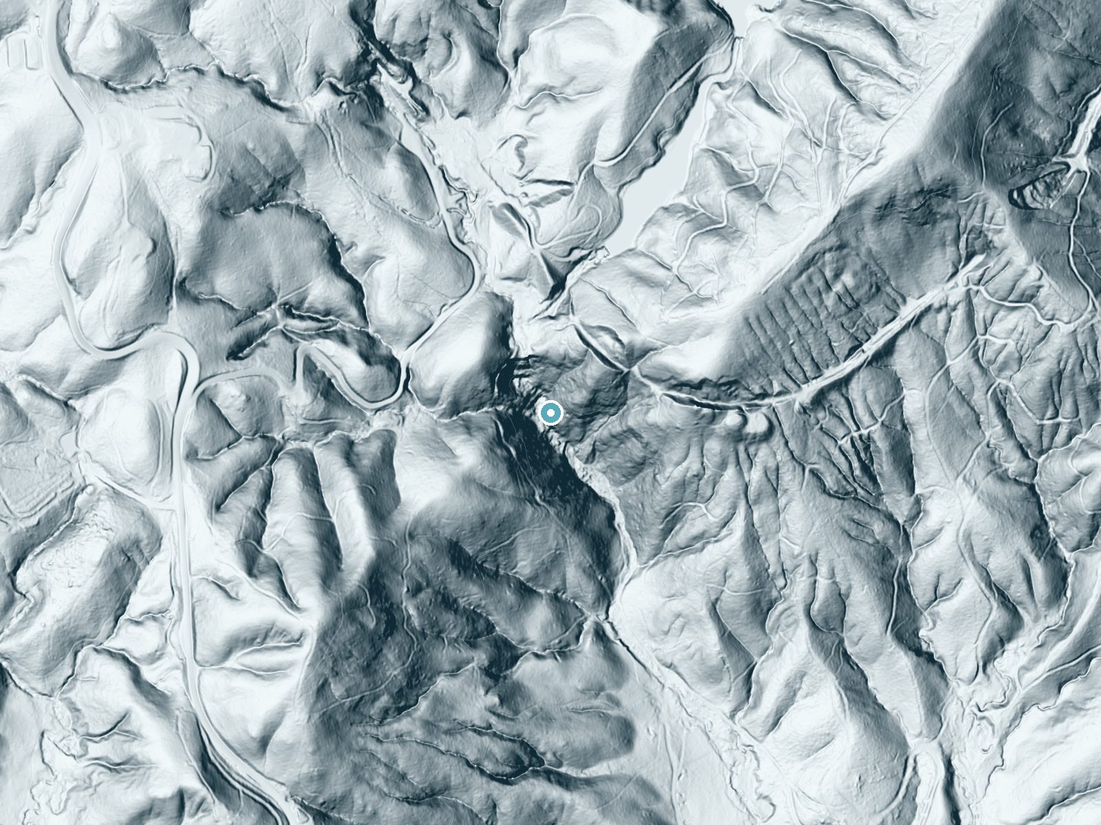 LiDAR bare-earth terrain around Isaqueena Falls near Walhalla, South Carolina, showing about 282 feet of drop, a steep tiered drop, facing south