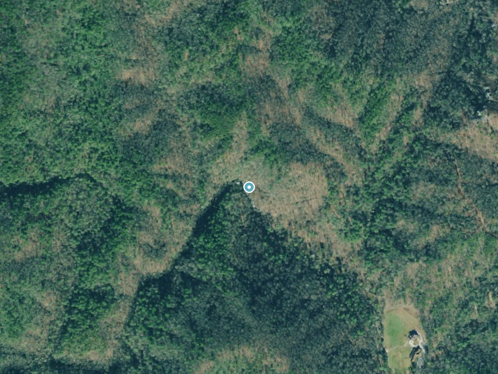 Aerial photo of the same ground around Wilson Falls near Tiger, Georgia, for comparison with the lidar view