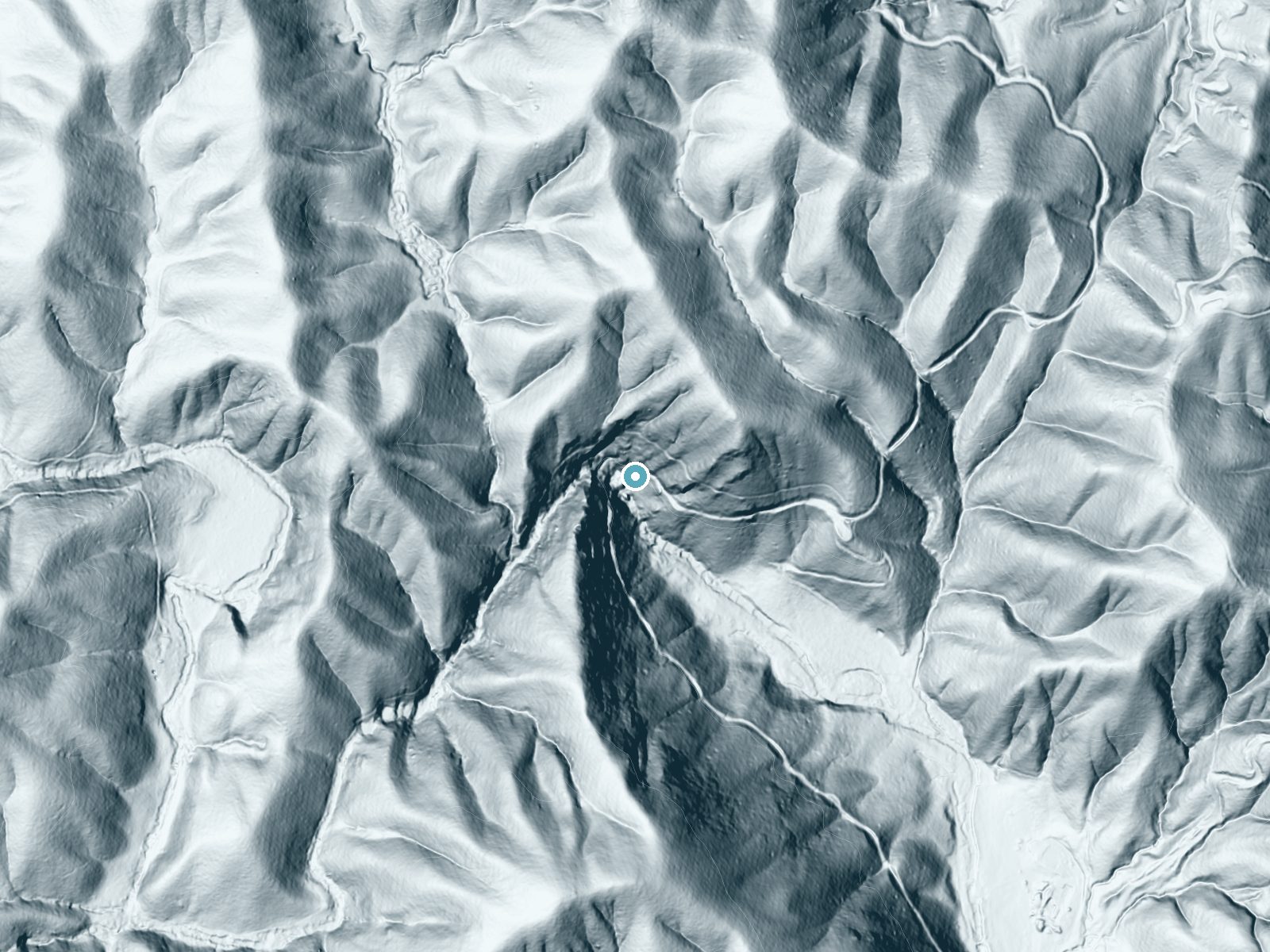 LiDAR bare-earth terrain around Wilson Falls near Tiger, Georgia, showing about 300 feet of drop, a steep tiered drop, facing south