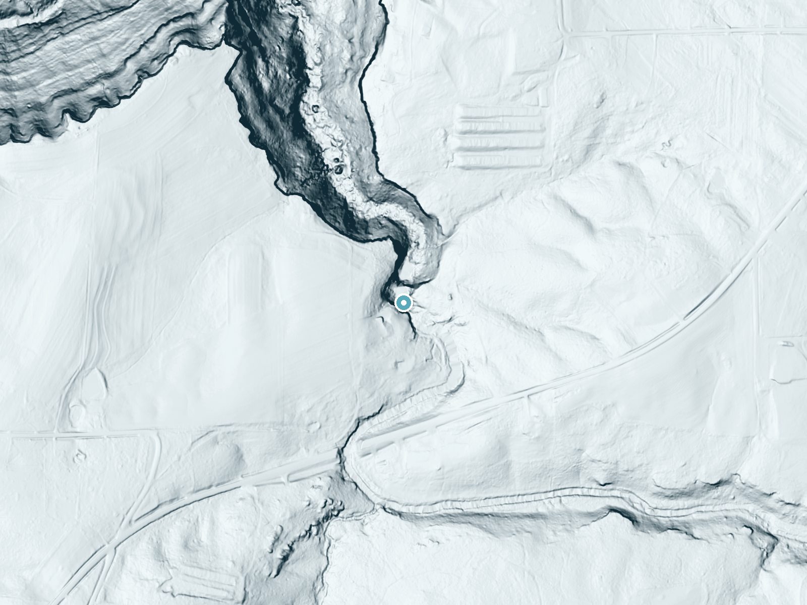 LiDAR bare-earth terrain around High Falls near Trenton, Alabama, showing about 113 feet of drop, a steep tiered drop, facing northeast