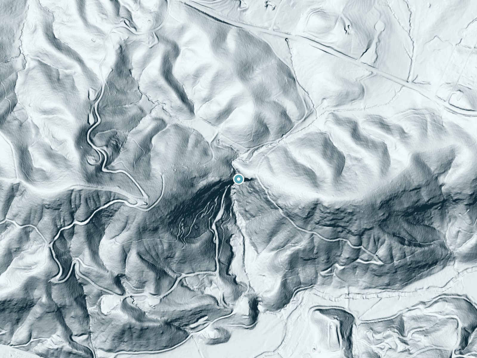 LiDAR bare-earth terrain around Stekoa Falls near Tiger, Georgia, showing about 265 feet of drop, a single sheer drop, facing south
