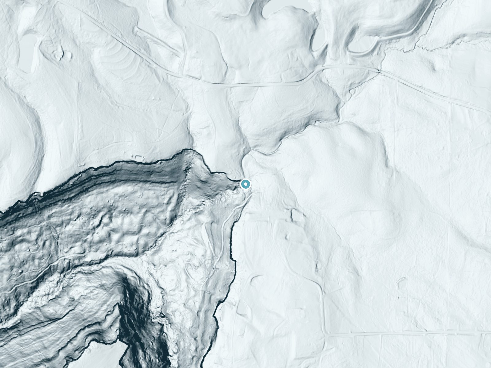 LiDAR bare-earth terrain around Little Falls near Trenton, Alabama, showing about 125 feet of drop, a long cascade, facing west