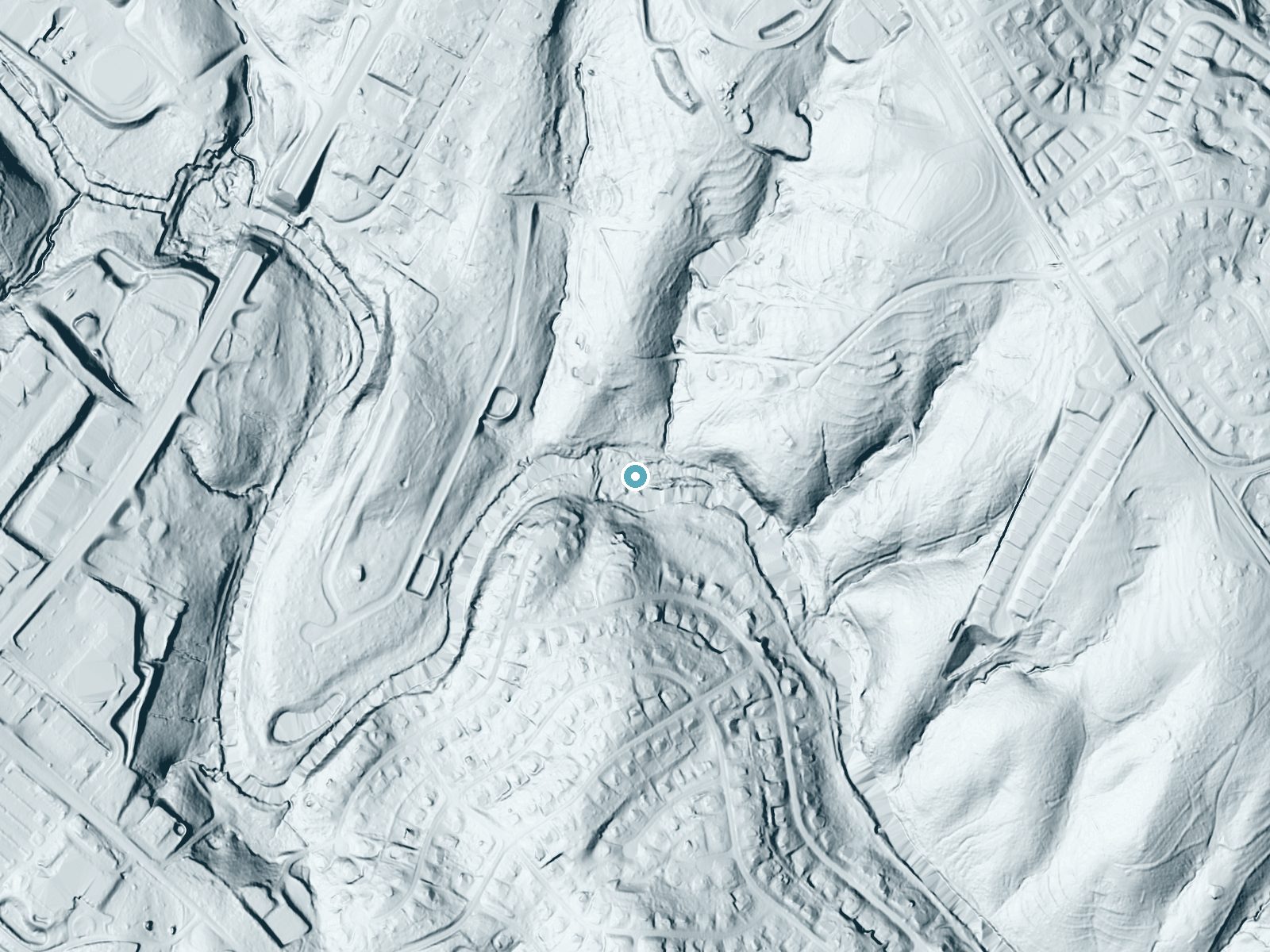 LiDAR bare-earth terrain around Pelham Falls near Five Forks, South Carolina, showing about 33 feet of drop, a long cascade, facing east