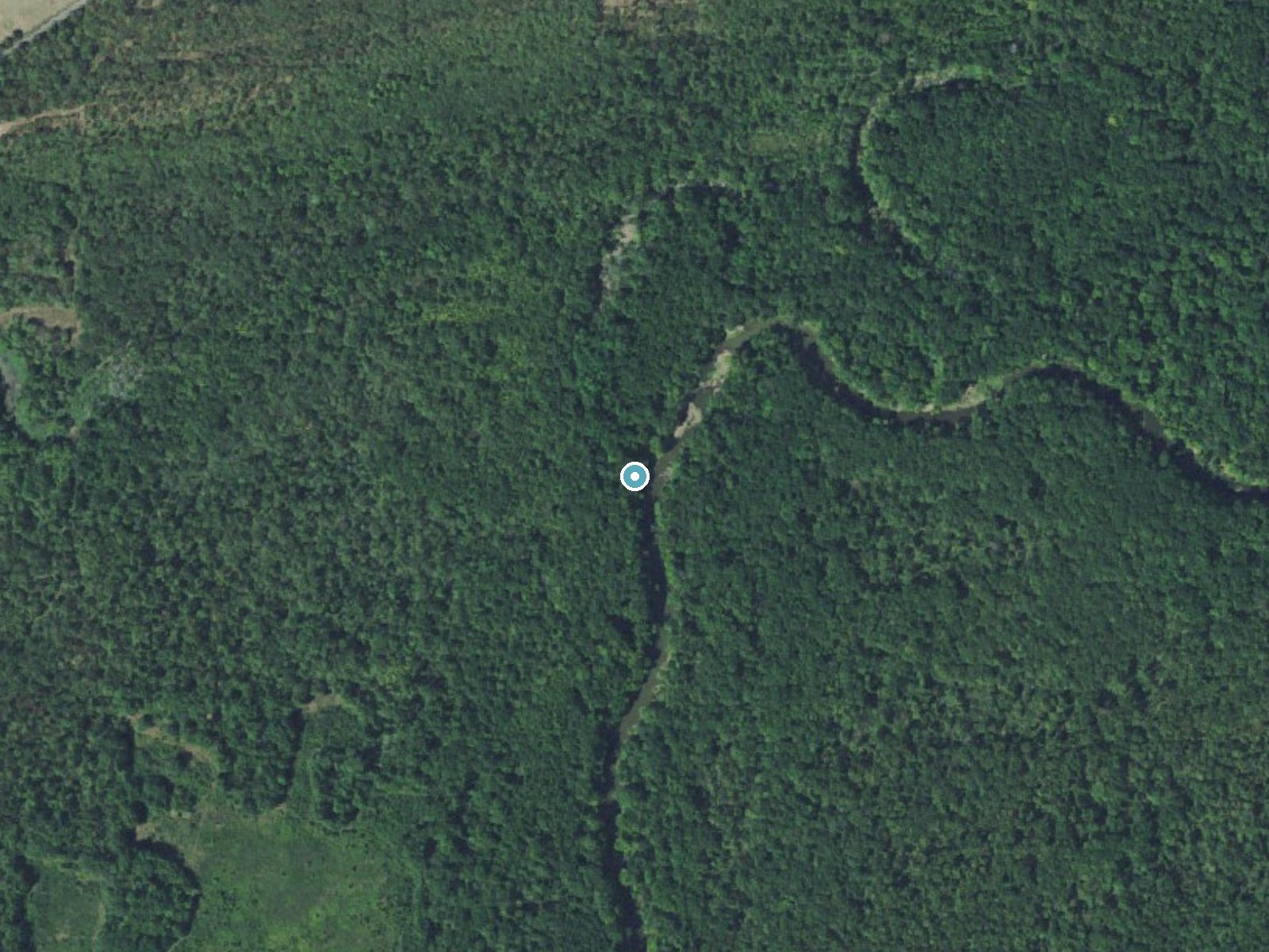 Aerial photo of the same ground around Hontubby Falls near Heavener, Oklahoma, for comparison with the lidar view
