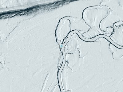 LiDAR terrain view around Hontubby Falls in Oklahoma, about 21 feet of drop