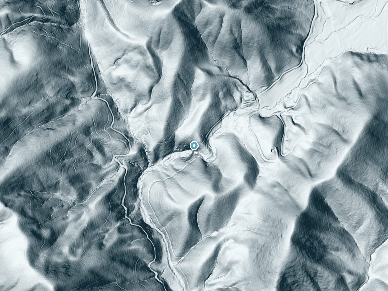 LiDAR bare-earth terrain around Timpson Falls near Clayton, Georgia, showing about 174 feet of drop, a steep tiered drop, facing southwest