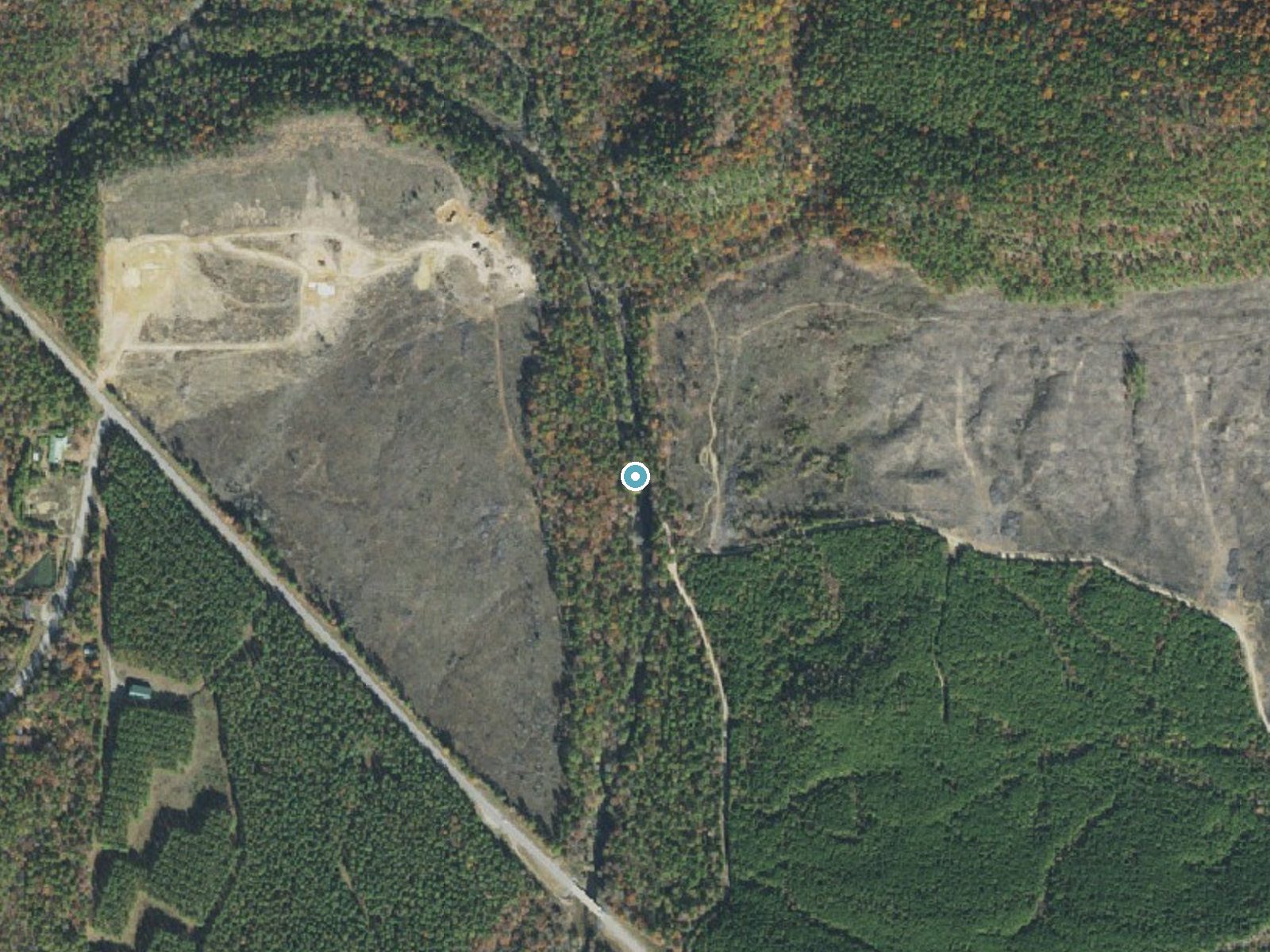 Aerial photo of the same ground around Sausmann Falls near Perryville, Arkansas, for comparison with the lidar view