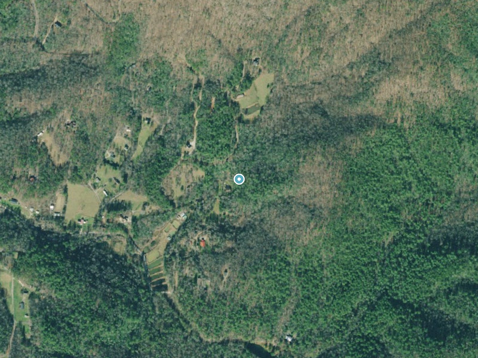 Aerial photo of the same ground around Haynes Falls near Young Harris, Georgia, for comparison with the lidar view