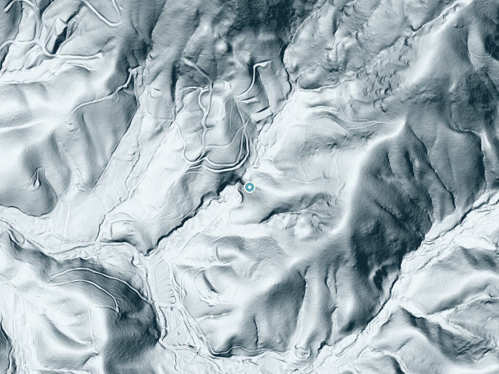 LiDAR bare-earth terrain around Haynes Falls near Young Harris, Georgia, showing about 189 feet of drop, a steep tiered drop, facing west
