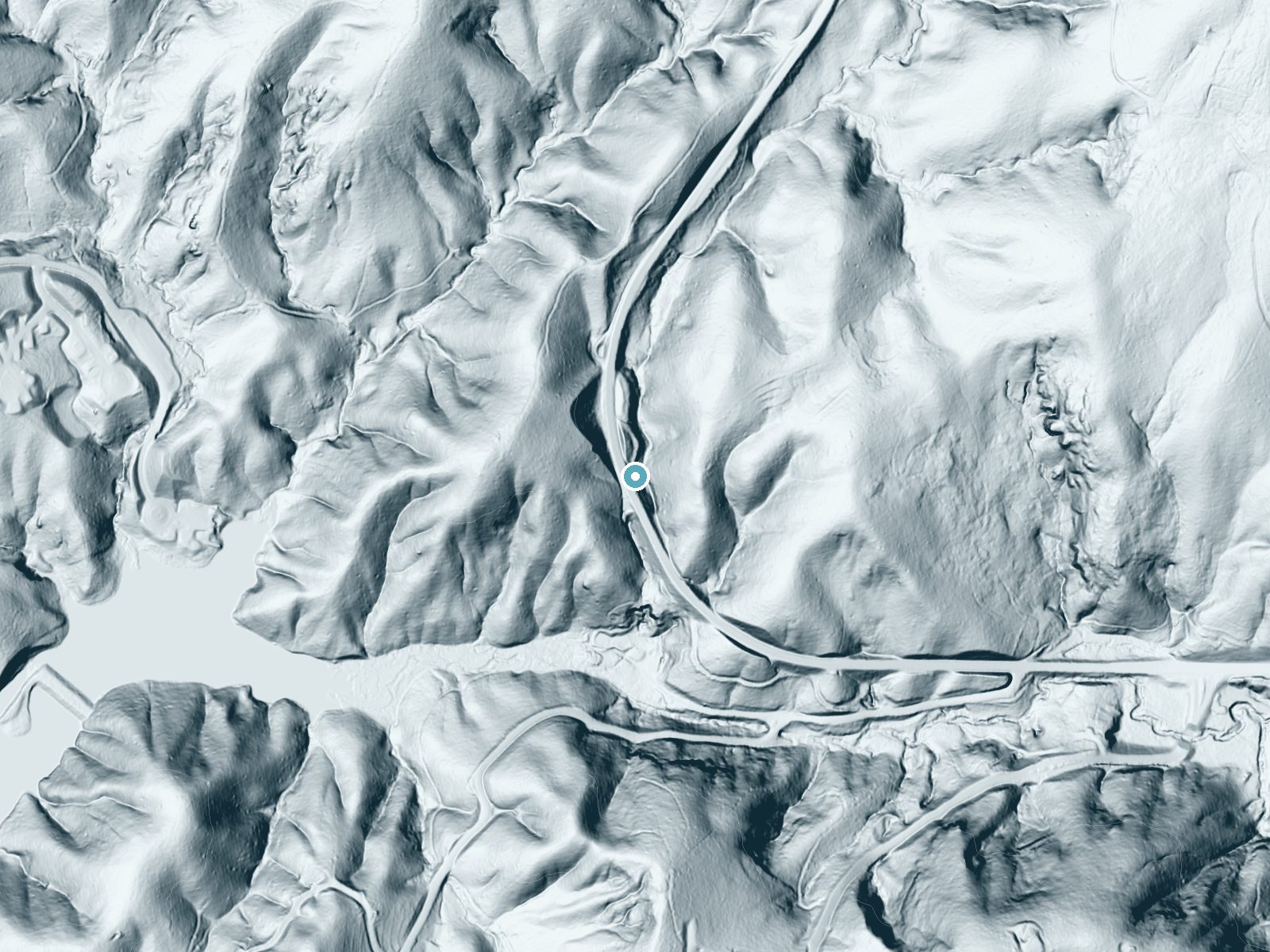 LiDAR bare-earth terrain around Clearwater Falls near Salem, South Carolina, showing about 110 feet of drop, a long cascade, facing southeast