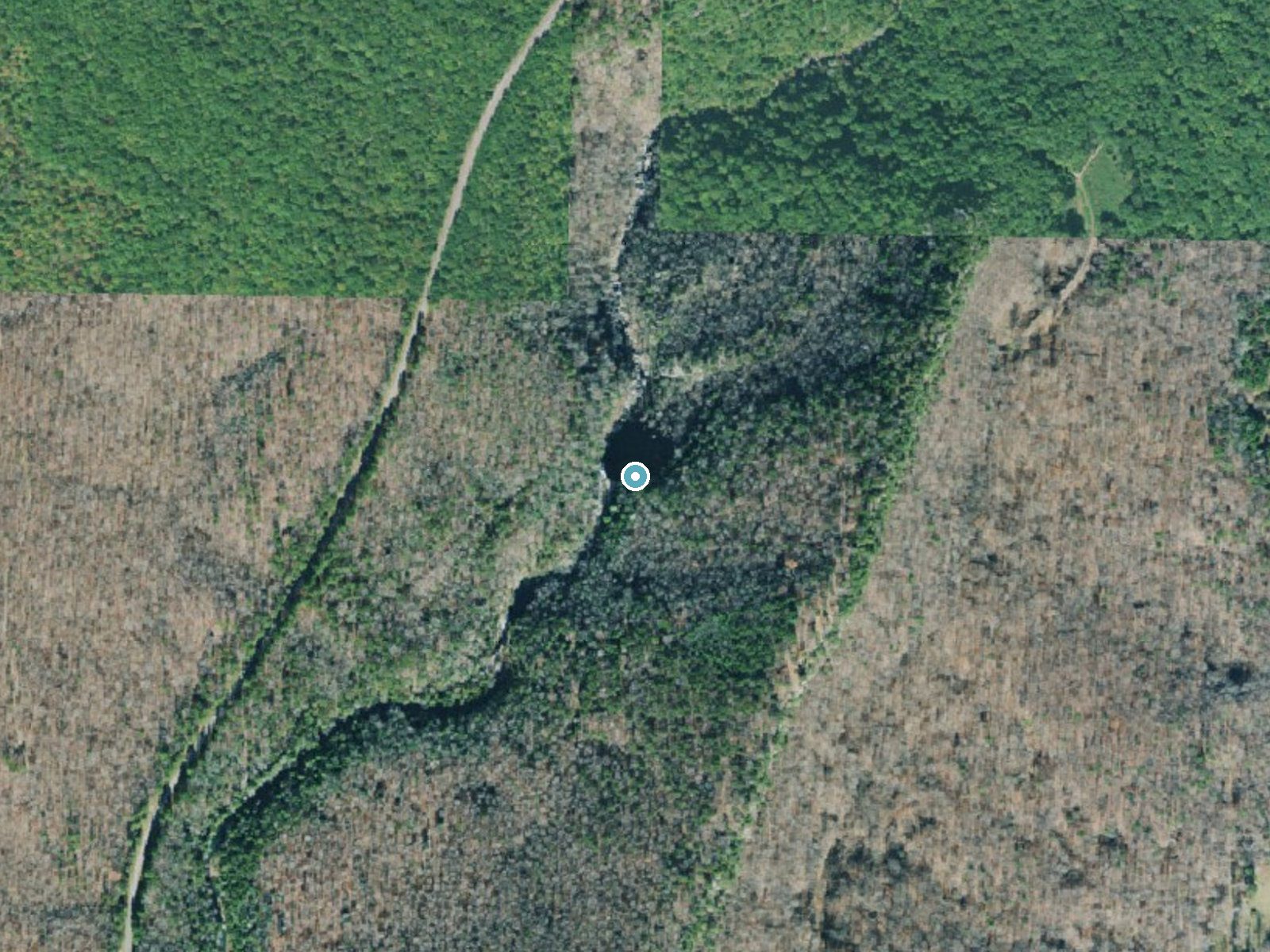 Aerial photo of the same ground around Lula Falls near Chattanooga Valley, Georgia, for comparison with the lidar view