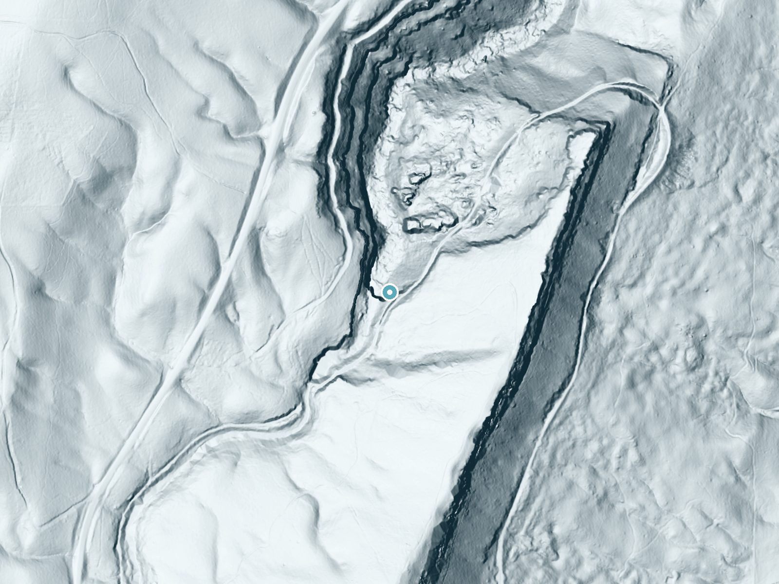 LiDAR bare-earth terrain around Lula Falls near Chattanooga Valley, Georgia, showing about 224 feet of drop, a steep tiered drop, facing north