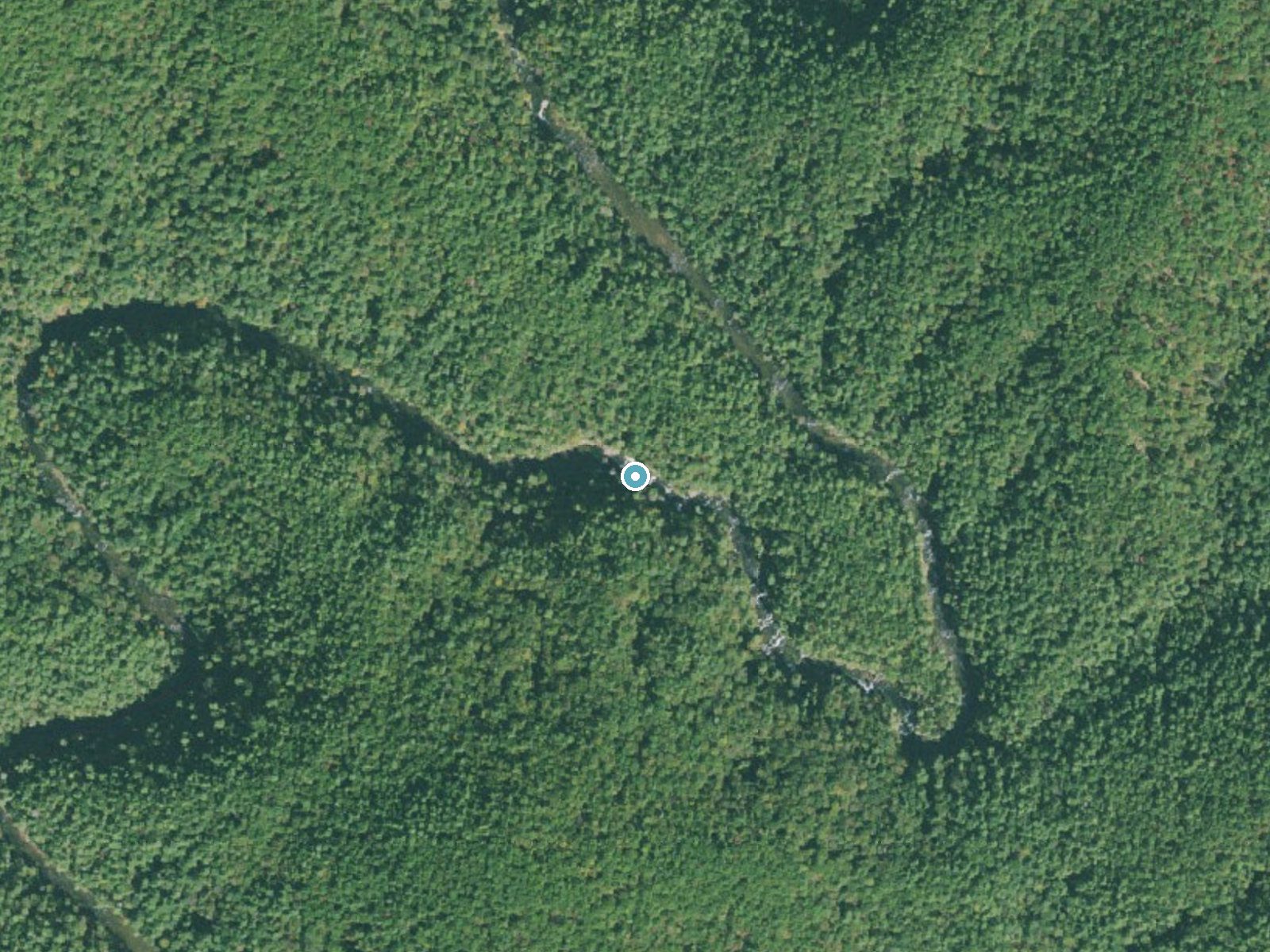 Aerial photo of the same ground around Big Bend Falls near Tamassee, Georgia, for comparison with the lidar view